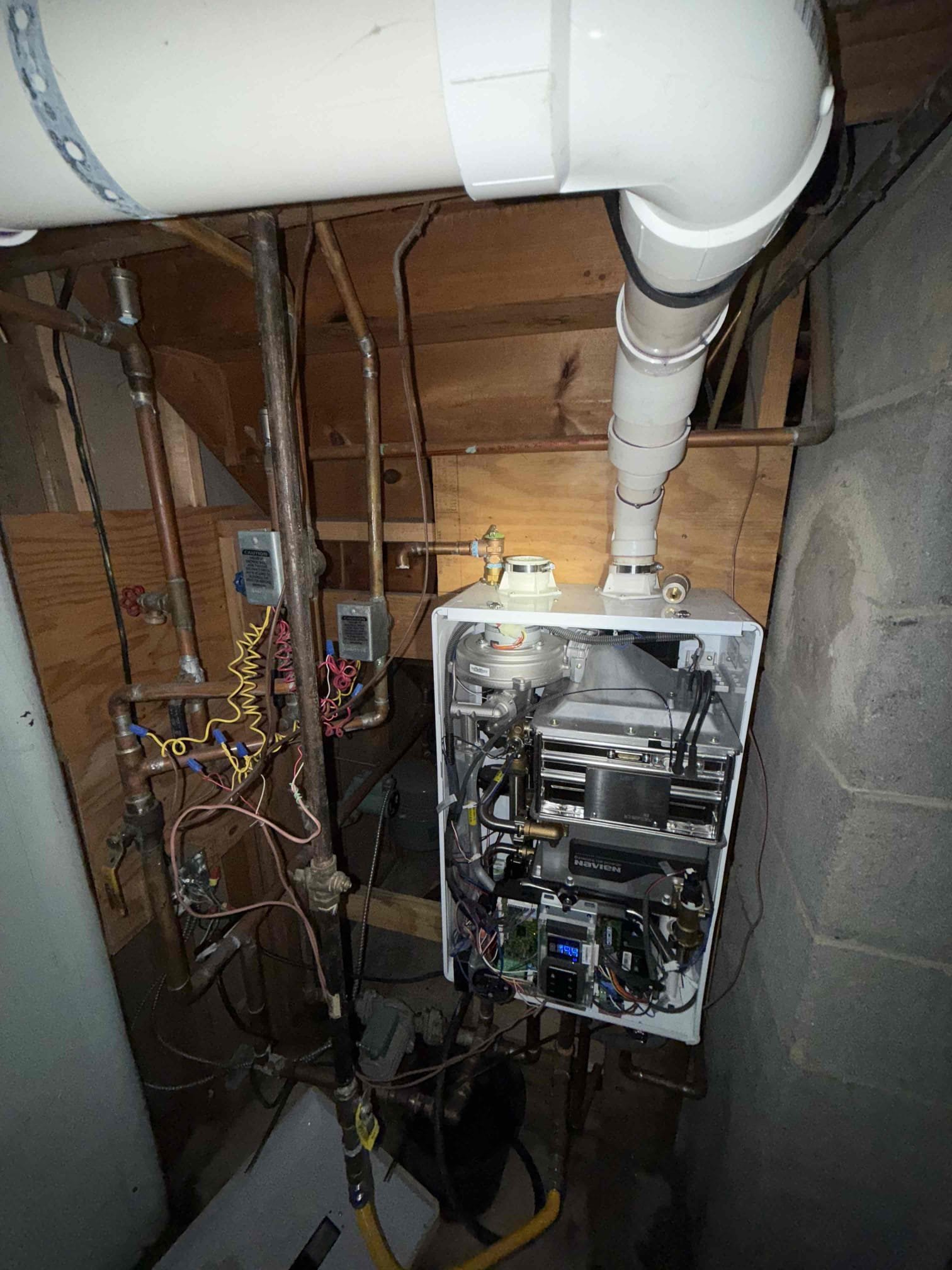 Arrived on site customer stated that they have no heat and hot water. Upon inspection found that there was an error code of 110. Contacted Navien and reset the unit everything appears to be in working order checked all components that Navien stated would cause the error code and everything checks out and they think it is was a one time issue. Navien does recommend repiping the system properly and to their specifications and also installing a relay board because only one zone can run off that unit not two. Gave options and customer will need some time to think about. Also replaced batteries on first floor thermostat as a courtesy. Price includes new all new copper piping on heat side , circulators, relay board, gas piping, and air intake.