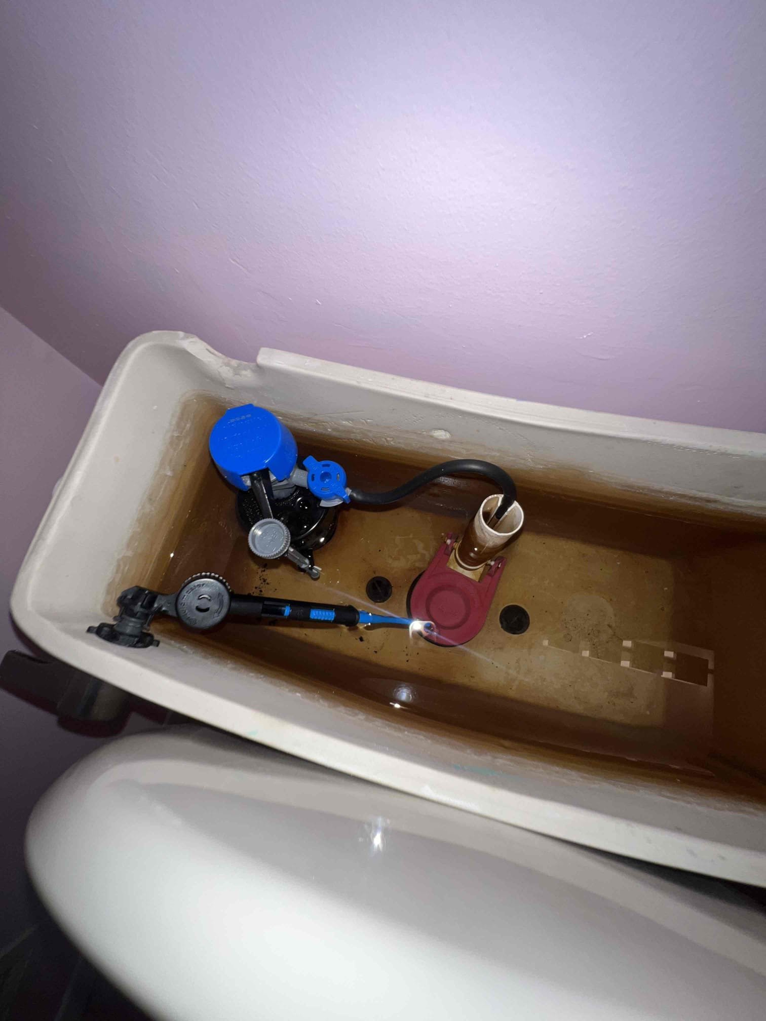 Arrived on site client stated she replaced the fill valve and flapper and the fill valve is still going running when not in use. Upon arrival we noticed the toilet was pretty old and client stated it was original to the home. Today we replaced the toilet with an American Standard comfort height elongated bowl with a new wax ring, Johnny bolts, supply line and new emergency shutoff valve. Turned water back on and tested for leaks. There are no leaks at this time.