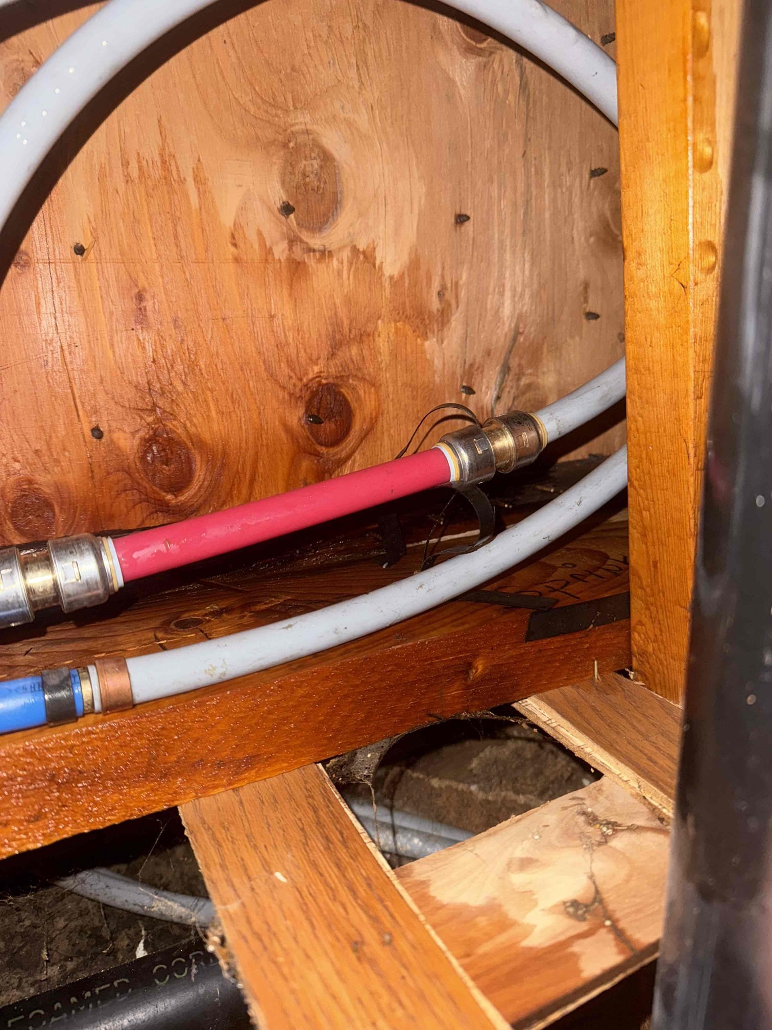 Arrived on site customer stated that they had a leak underneath the home and isolated it by shutting the water off. Upon inspection found that a 1/2” hot line on the pb piping has failed and will need to be replaced. Gave options and told customer possible issues with keeping pb in the home and the risks that they are taking by not removing it. Customer stated that they do not have the money to repipe the home and just would like to repair the line. Repaired the line with pb couplings but there is no warranty on repair due to the piping being pb and customer was ok with no warranty. Made repair and tested all work and everything appears to be in working order and there appear to be no leaks at this time. Collected payment.

Recommend customer remove wet insulation and put in new dry insulation and cover piping to prevent freeze breaks. We are not liable for any freeze breaks that could potentially occur.