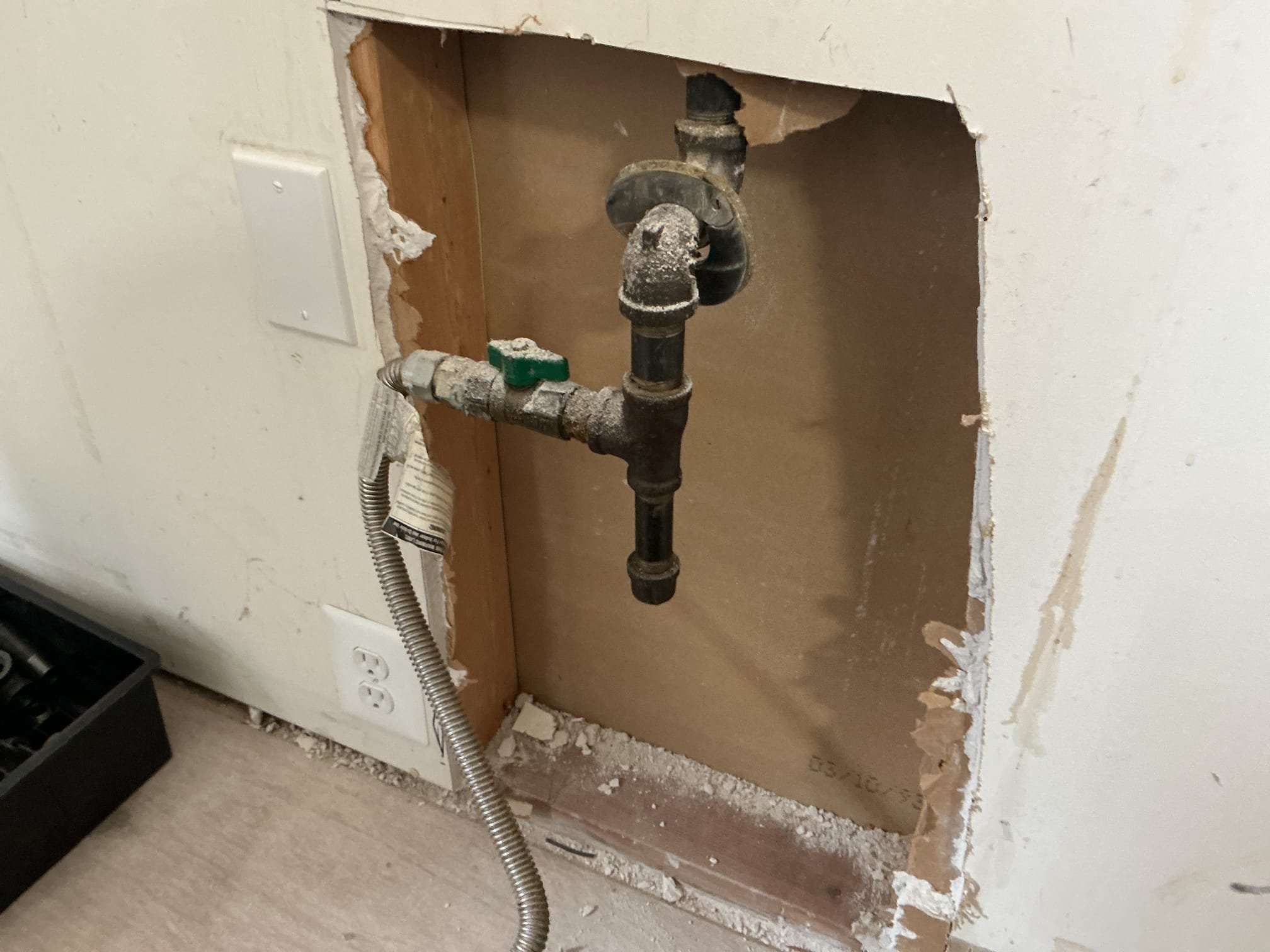 Arrived to the home, client is in the process of renovating the home and have a stove on site. The existing gas line for the stove does not accommodate the space behind the new stove so rerouting the gas line is needed.

Turned off gas to the home.
Client cut open Sheetrock already.
Disconnected existing fittings.
Supplied and installed new gas pipe and fittings.
Secured all connections.
Added a gas cock for the line and plugged it off.
Turned gas back on to the home.
Checked for leaks.
There are no leaks at this time.
Relight water heater and boiler as well.