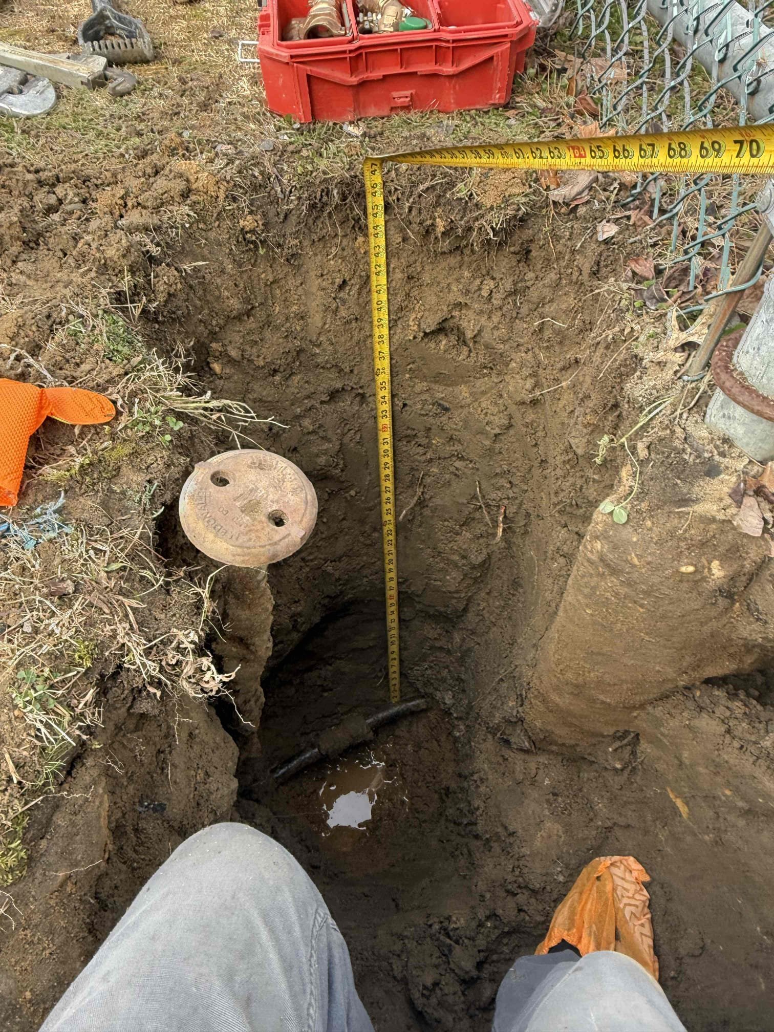 Arrived on site customer stated that they have a water main break and their water is off. Upon inspection found that the break was located near the fence. Gave options on spot repair vs. full line replacement and customer would like to move forward with a spot repair. Dug down approximately 4-5’ located a kink and a break in the line cut out section of kink and leak and installed a repair coupling. Tested all work and everything appears to be in working order and 5ere appears to be no leaks at this time. Collected payment.