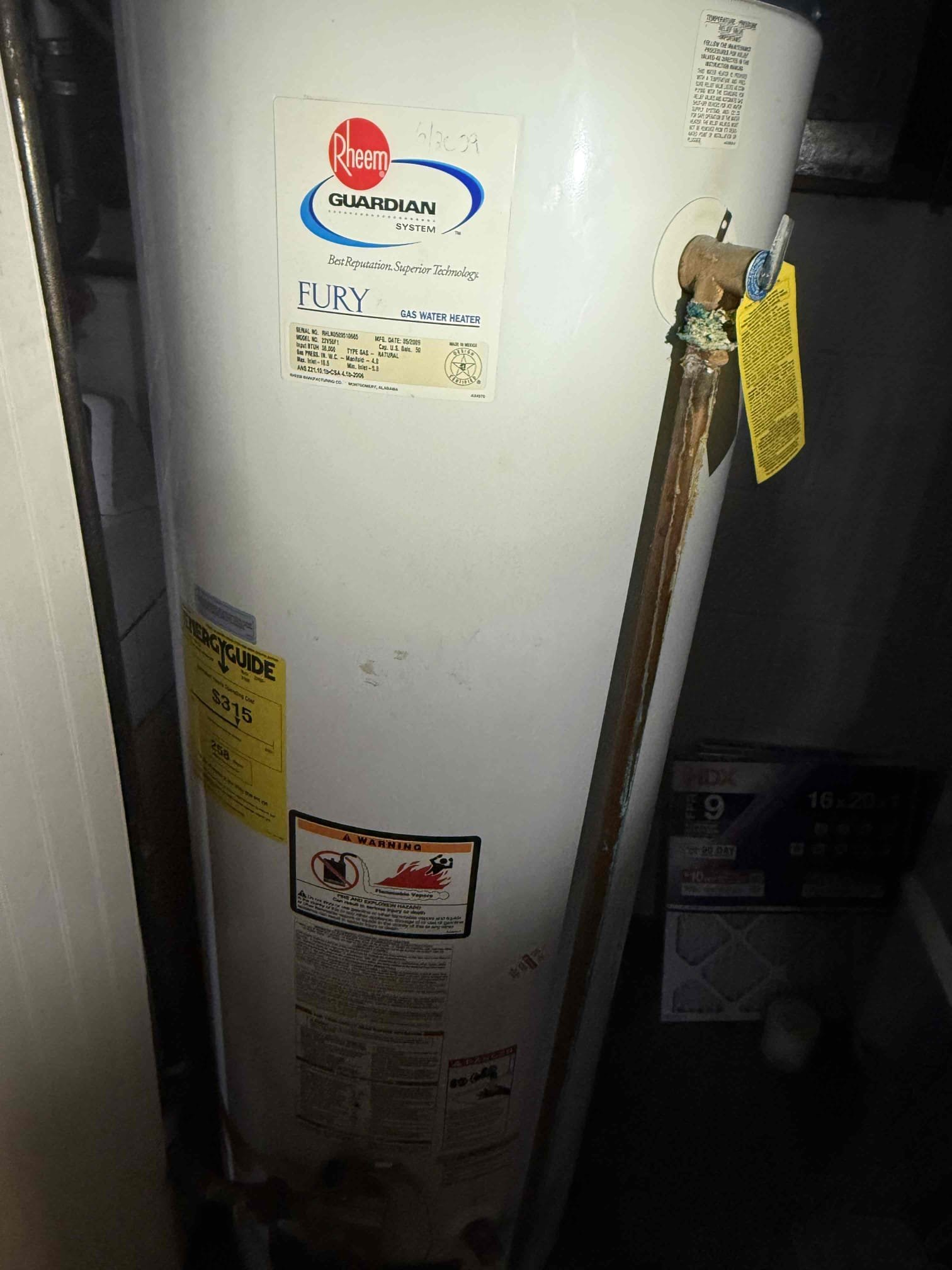 Arrived on site customer stated that they have no hot water. Upon inspection found customer has a 50 gal gas water heater that is leaking. Gave replacement options and customer would like to move forward with 10 yr tank warranty. Installed new 50 gal gas and brought everything up to code. Tested all work and everything appears to be in working order and there appears to be no leaks at this time. Collected payment.

Customer is responsible for permit fee and scheduling the inspection.

Chimney b-vent 7” 40k btu