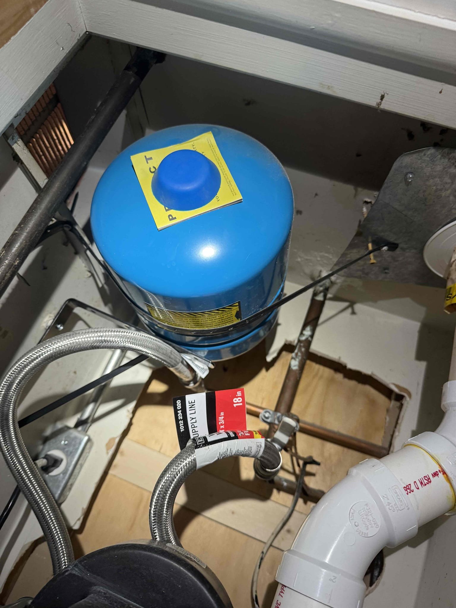 Arrived on site customer stated that they are having an issue with t&p valve leaking and noticed expansion tank was on the hot side and icemaker connection is leaking. Upon inspection found that the expansion tank has failed and it is located on the hot side and the connection at the fridge is leaking. Replaced expansion tank and installed on cold side and made new connection to fridge tested work and everything appears to be in working order and there appears to be no leaks at this time.