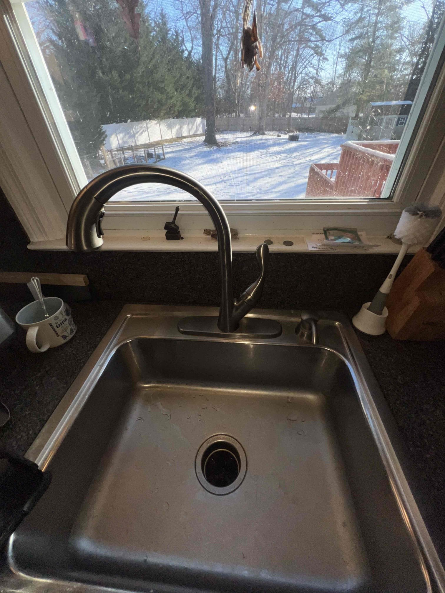 Arrived on site client stated they would like to have us install there customer supplied kitchen faucet. Upon inspection I noticed the hot side valve under the sink was hard to turn as well as the dishwasher valve. Found an old gate valve for the main as well. Offered to replace 3 valves under the sink as well as the main. Client would like to just install the faucet today. Installed faucet and checked for leaks. There are no leaks at this time. 