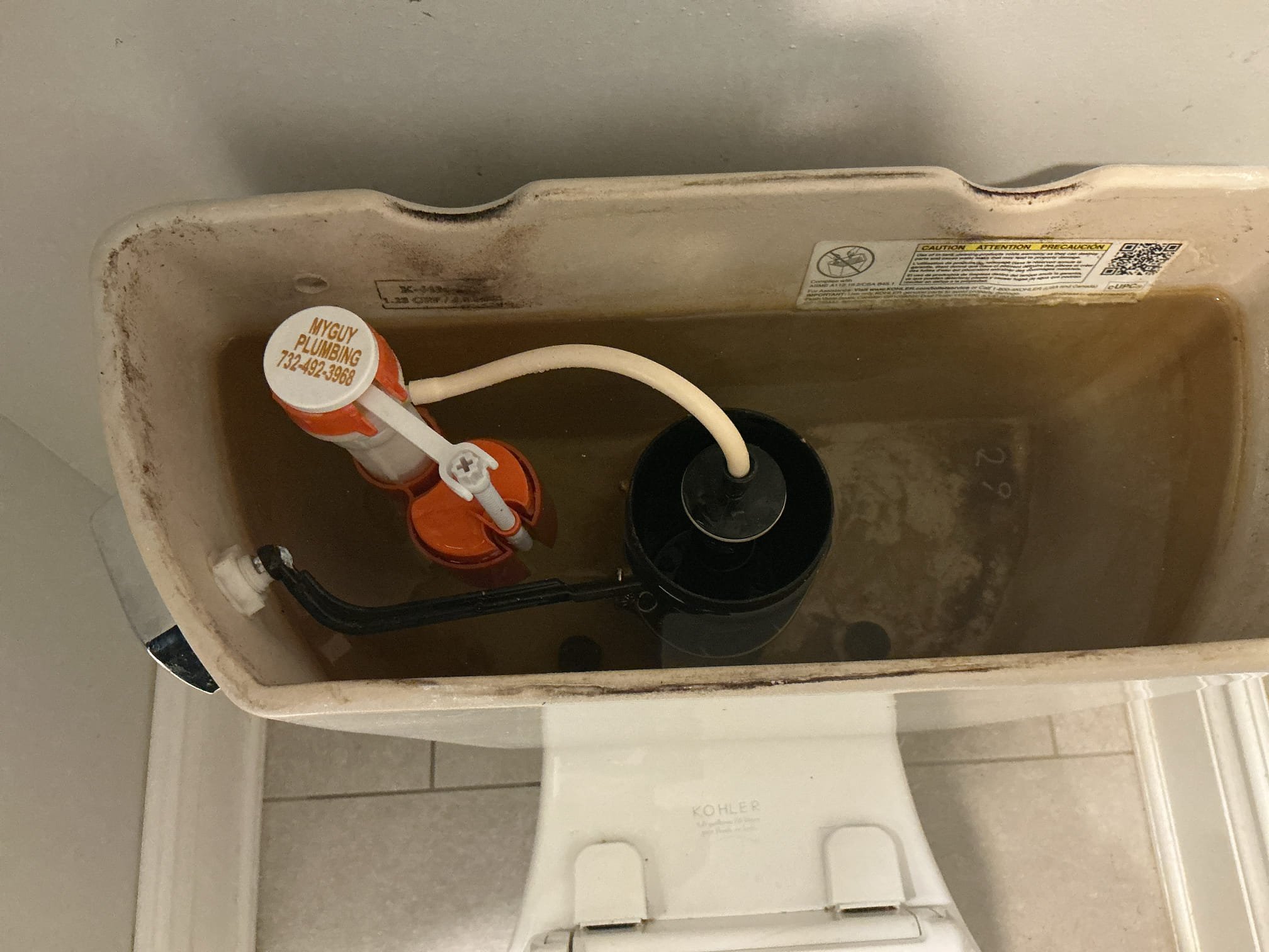 Arrived to the home, client states that periodically their existing Kohler toilet will run and then shut off, at first glance, I diagnosed this issue as failing parts inside the toilet. The toilet is approximately 10years old and the parts on it are original. I provided options and the client would like to go through with the rebuild at this time.

Disconnected and removed existing fill valve, supply line, and flapper seal from the toilet.
Supplied and installed new fill valve, supply line and direct replacement flapper seal.
Secured all my connections and adjusted height of new fill valve.
Turned valve back on to check for leaks.
There are no leaks at this time.

*Cleaned out pop up assembly in the same bathroom for the client as a one time curtesy.
*Client has declined having me test their water quality at this time.