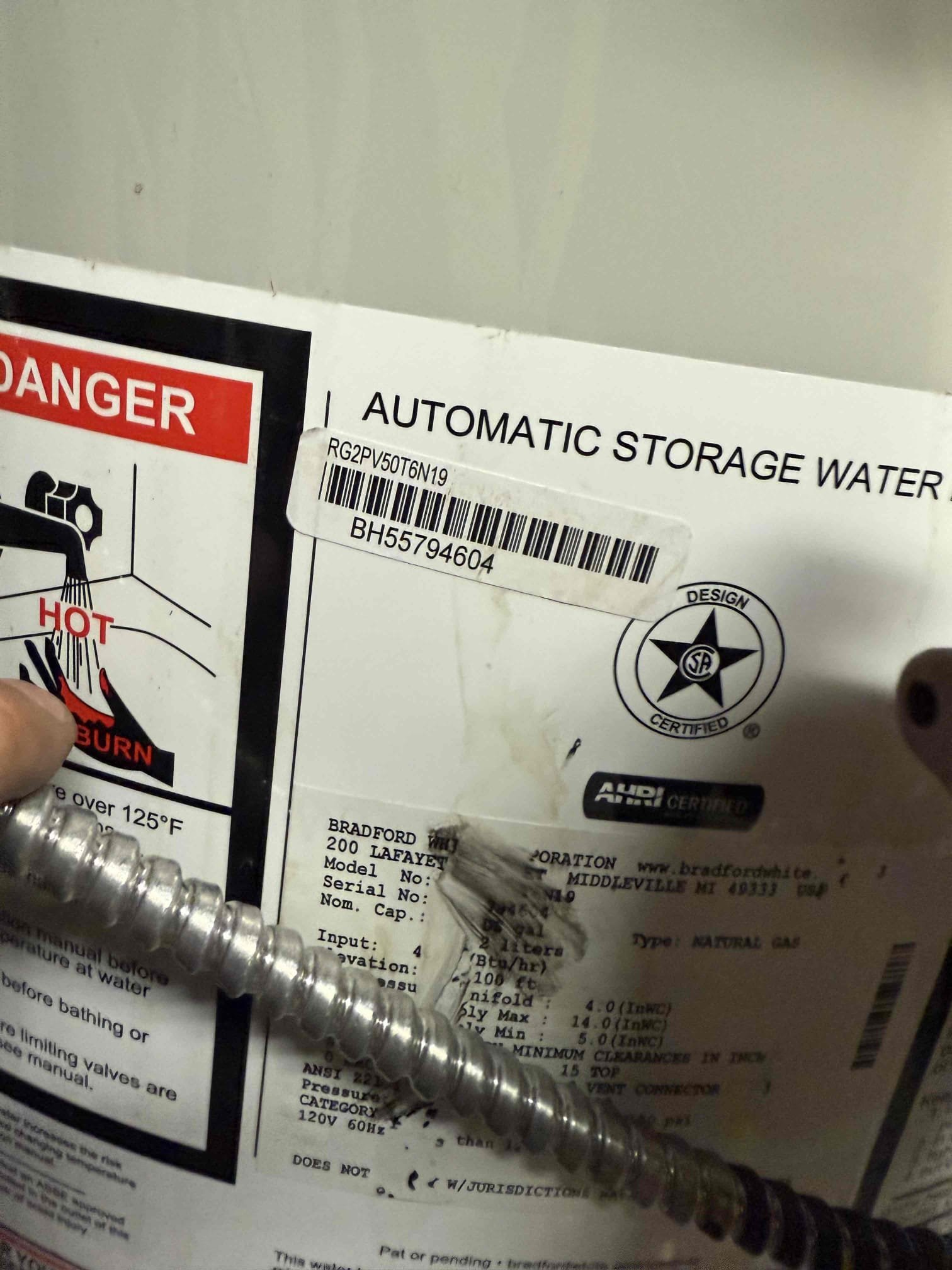 Arrived on site customer stated that they have a leaking water heater. Upon inspection found it was leaking from, the tank gave options on replacement and customer would like to move forward with work. Installed 50 gal gas power vent and brought everything up to code. Tested all work and everything appears to be in working order and there appears to be no leaks at this time. Collected payment. Emailed st8 form. Registered water heater. Customer is responsible for paying permit fee and scheduling inspection. 

Chimney 2” power exhaust 40k btu