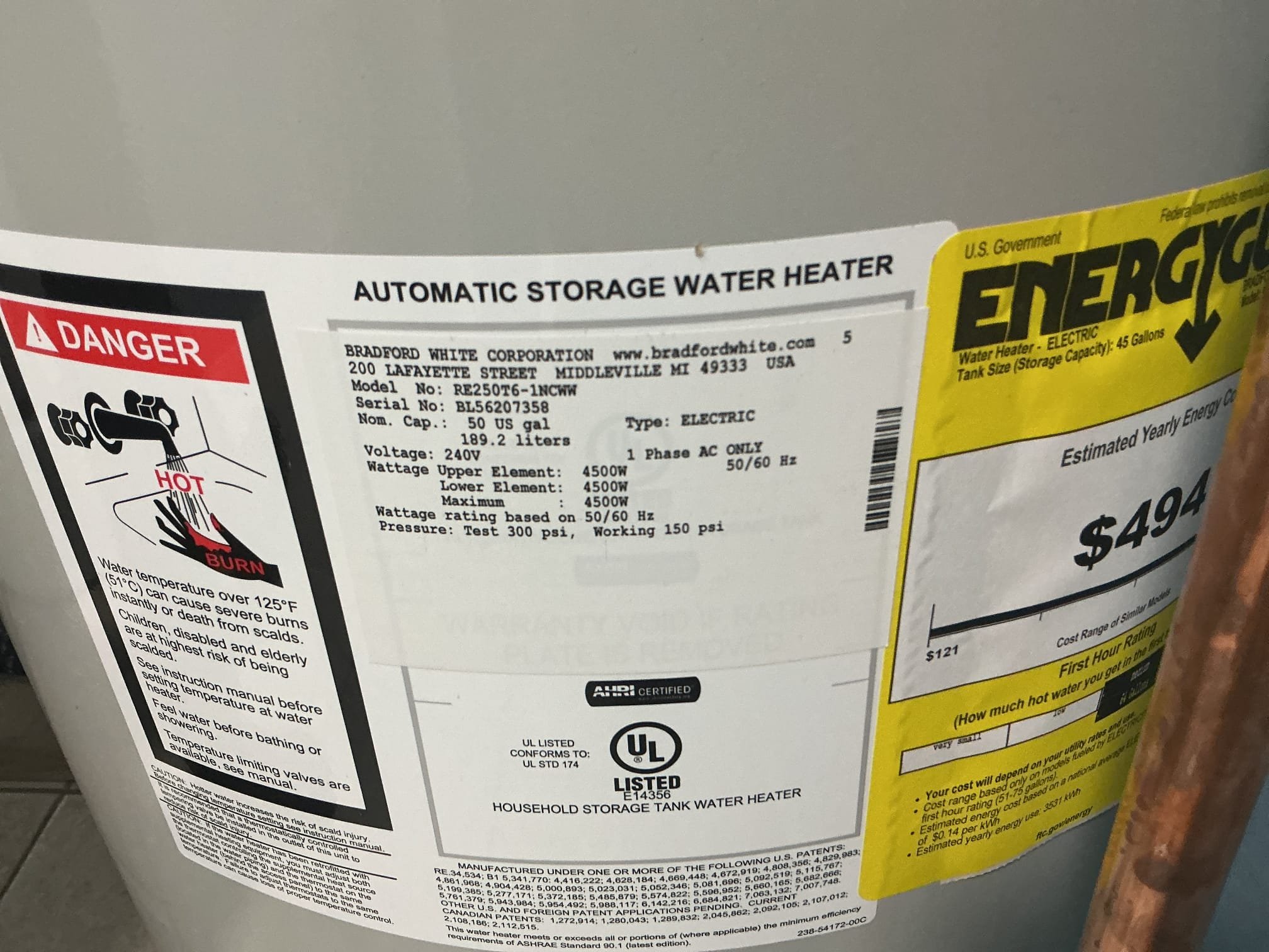 *Oldest Water Heater Contest Winner*

Supplied and installed brand new 50gallon electric water heater.
Drained and removed existing water heater from the home.
Supplied and installed new bonding kit, ball valve, copper pipe and fittings.
Secured all my connections and turned the system on to check for leaks.
There are no leaks at this time.
Heavily purged the system of air.
Made up electrical components.
Turned electric on to appliance.

*The electrical needs to be brought up to code with a quick disconnect box installed. 
*MyGuy Plumbing will be covering all permit fees for client as well.
*Registered water heater for client.