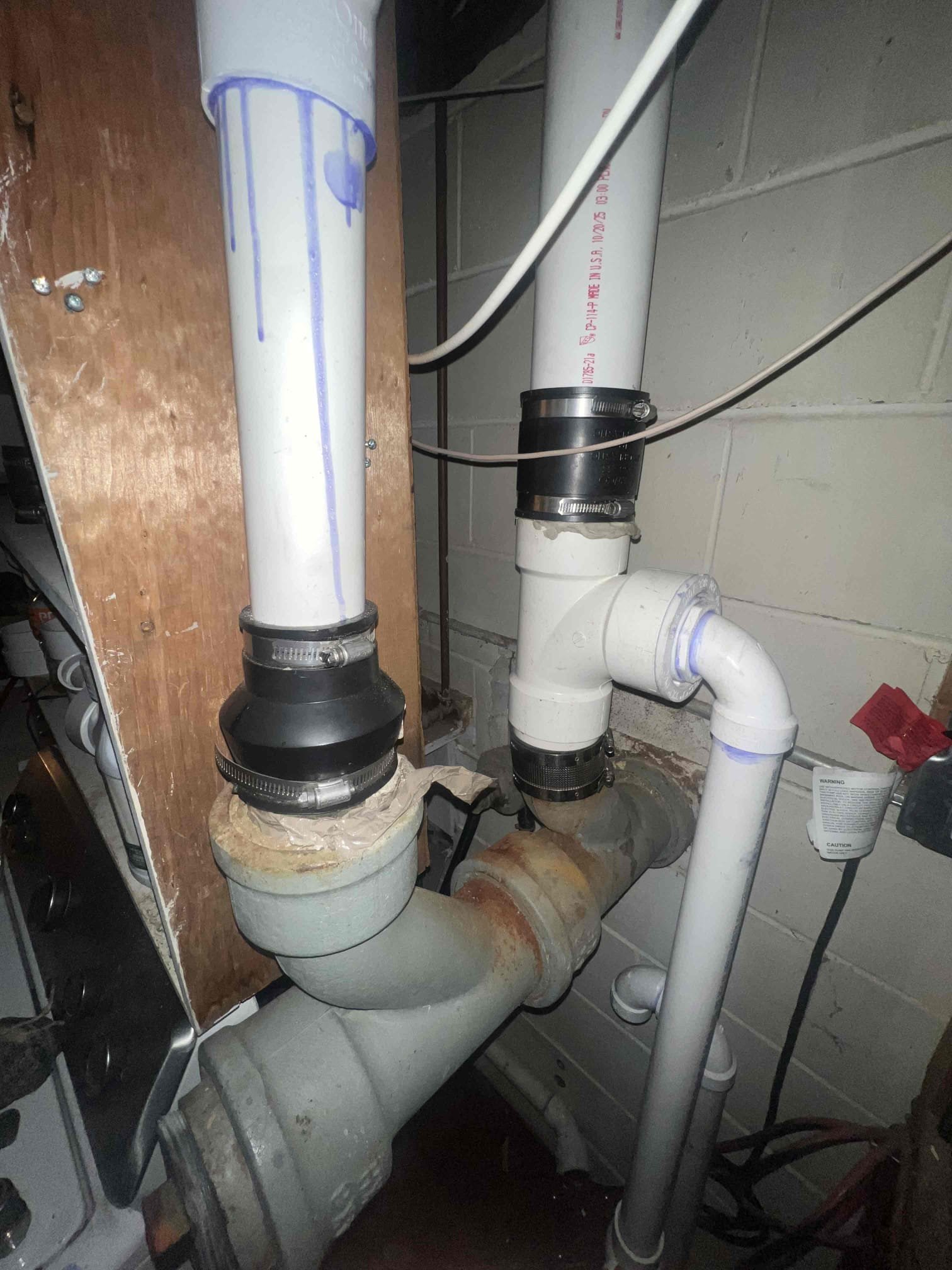 Arrived on site client stated they had a few leaks in the crawlspace. Upon inspection client has a leak from the toilet on the first floor that is leaking into the basement. Client has a led bend I recommend get replaced and a 3” no hub that is improperly installed next to it. Client also has multiple shark bites in the basement I recommend get replaced. Kitchen and bathroom line have improper no hub couplings installed as well as the as well as the bathroom sinks having improper fittings installed in the basement. Recommend repiping 3” toilet run going into the main stack and repiping the 1 1/2 bathroom sink line in the basement along with removing all shark bites. Today I reconnected the water and removed 3 shark bites in the process. Turned water back on to test for leaks. We will return at a later date for repiping drainage in the basement.