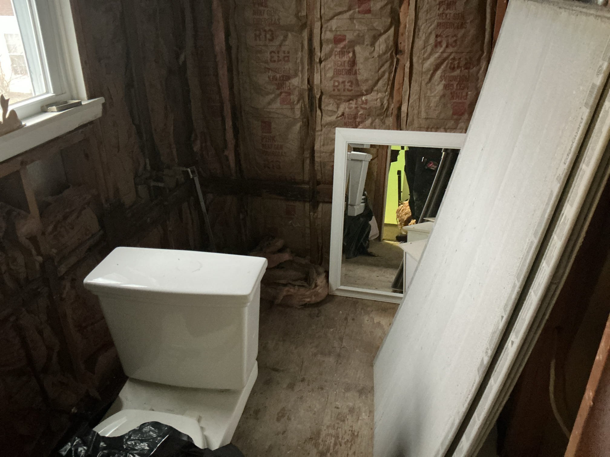 Arrived to the home, the upstairs bathroom group had leaked causing a lot of water damage which needed to remediated. The entire bathroom group is gutted down to the studs at this time. Client has requested two quotes, one being all customer supplied fixtures, other is fixtures provided by MyGuy Plumbing. There is a shower pan onsite,and client would like to purchase their own vanity as well. No 59$