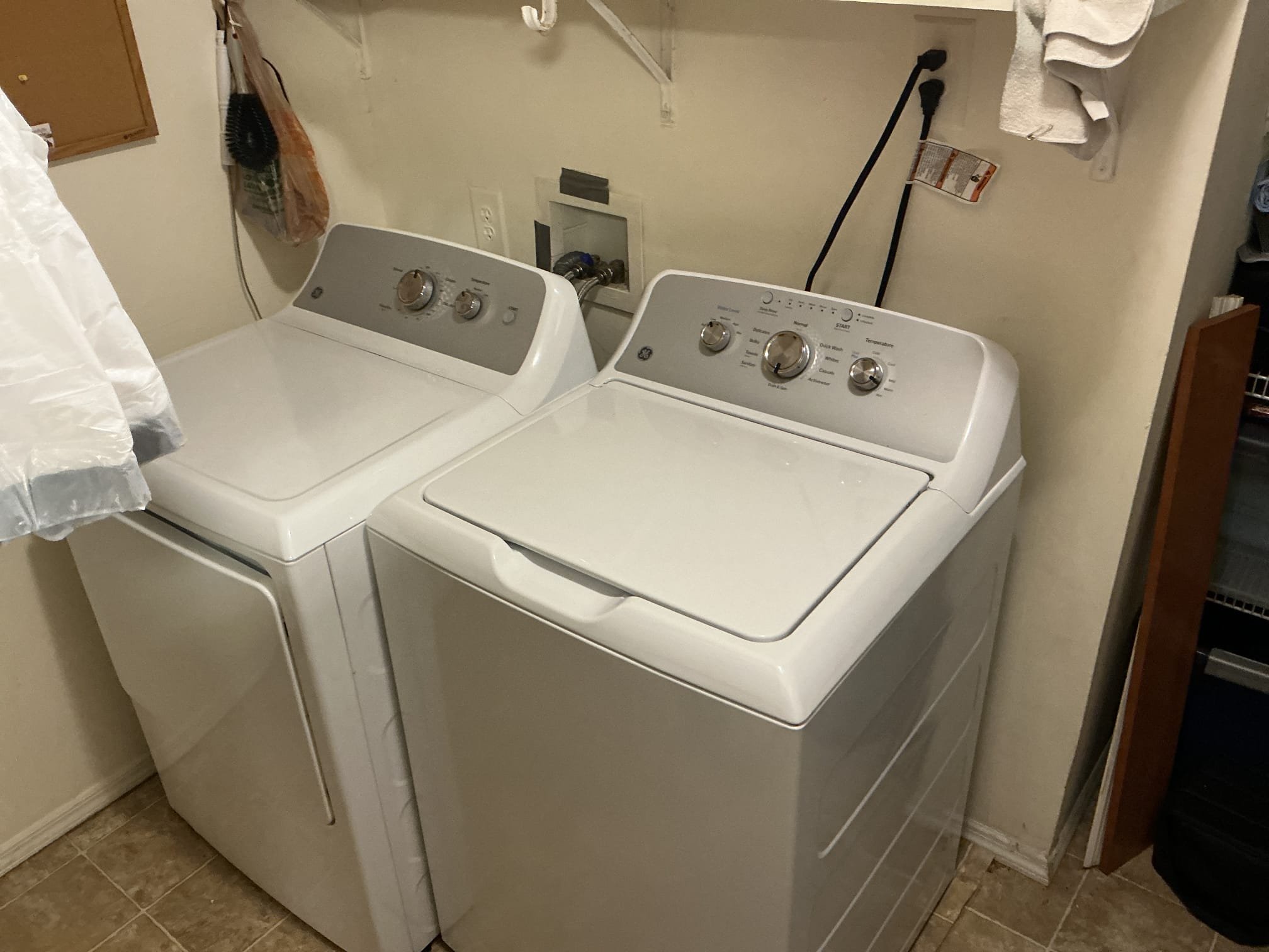 Removed existing dryer vent flex pipe in crawlspace.
Supplied and installed new hard pipe dryer vent pipe in crawlspace to the existing termination. 
Attached piping using foil tape
Strapped piping using drive.
Secured all connections.
Supplied and installed new gas cock and gas flex.
Turned valves on and ran the dryer to check for leaks.
Dryer is exhausting properly and there are no leaks at this time.

*Hooked up washing machine as a one time curtesy.
*Customer is now a member.