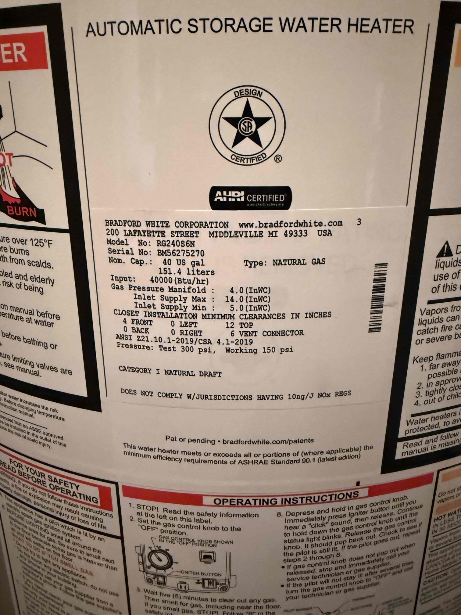 New 40 gal short water heater, expansion tank with membership 
Arrived to home for no hot water. Upon inspection found 9 year old water heater with pilot light out. Also noticed leaking on cold dielectric nipple. Water heater was not up to code. MyGuy supplied and installed new water heater and expansion tank and brought up to code. Tested for leaks there are none at this time. Purged water heater. Was a lot of sediment in lines. Had to run for awhile. Mail paper copy.