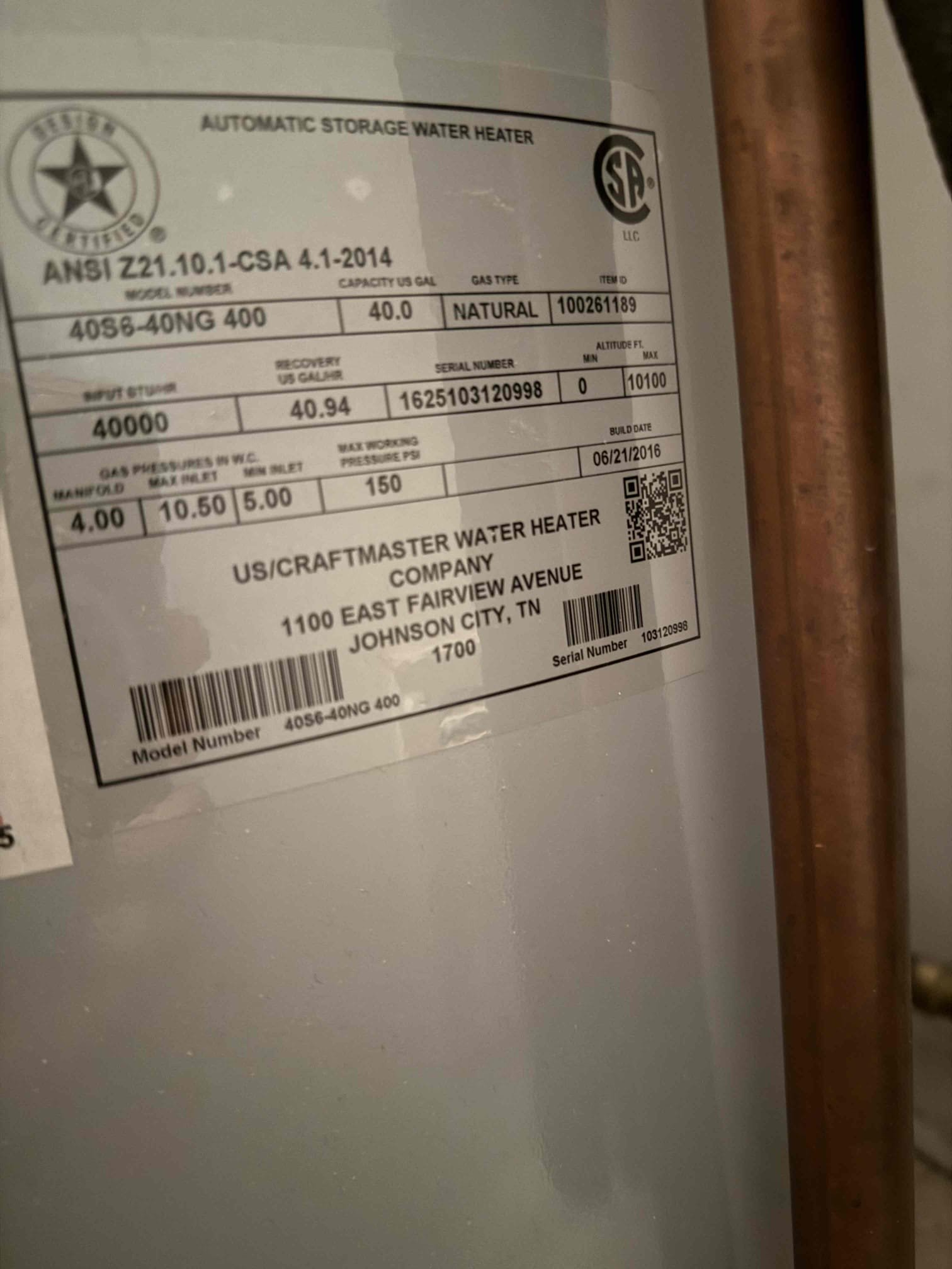 New 40 gal short water heater, expansion tank with membership 
Arrived to home for no hot water. Upon inspection found 9 year old water heater with pilot light out. Also noticed leaking on cold dielectric nipple. Water heater was not up to code. MyGuy supplied and installed new water heater and expansion tank and brought up to code. Tested for leaks there are none at this time. Purged water heater. Was a lot of sediment in lines. Had to run for awhile. Mail paper copy.