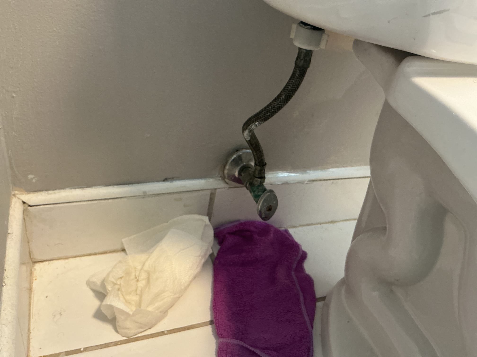 Arrived to the home, client states a leak from upstairs to the downstairs bathroom on the first floor. When I came in, the client stated that when they shut off the water to the toilet in the master bathroom and the leak had stopped. I discovered that the toilet had been recently rebuilt with new fill valve and flapper, but the supply line was reused and is steadily dripping from down below. The valve for the toilet is working but has a lot of corrosion due to the leak. I provided options for the client and they would like to just replace the supply line e at this time.

Turned off valve to toilet.
Disconnected And removed existing supply line.
Supply line and installed new supply line.
Secured my connection and check for leaks.
There are no leaks at this time.

*Client is aware that MyGuy Plumbing cannot provide any warranty for other components on the toilet. Also, the valve for the toilet does work but has signs of oxidation and corrosion from the leak, if valve were to leak going f