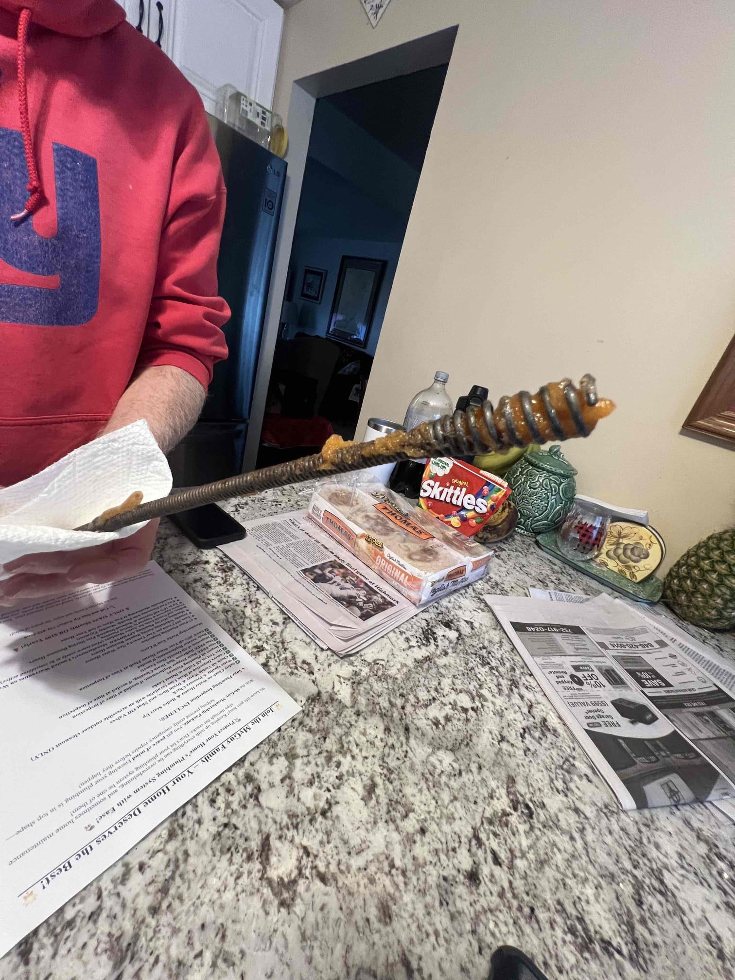 Arrived on site and client states that his wife poured half a bottle of fiber powder down the kitchen drain. Kitchen drain line isnt long but just packed with the powder that became more like a gooey sticky substance. Today I snaked the kitchen drain and it took about 10 to 15 times to go in and out of the drain removing the substance little by little. Kitchen sink is now draining as it should.