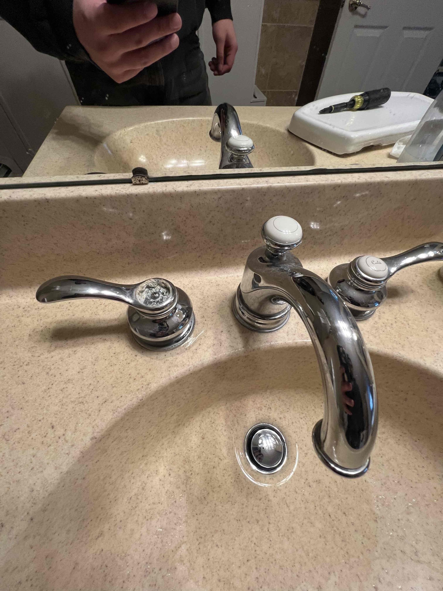 Arrived on site client stated they have a slow leak at the base of their lav faucet when it is in use. Client also stated their toilet was rocking and the pop up assembly was not working. Today I tightened down clients toilet, fixed pop up assembly rod, and toilet is flushing better. Called Kohler to get part numbers and they recommended to replace valve body and cartridges with newer style valve body. Client does not want to move forward with valve body and cartridge replacement at this time.