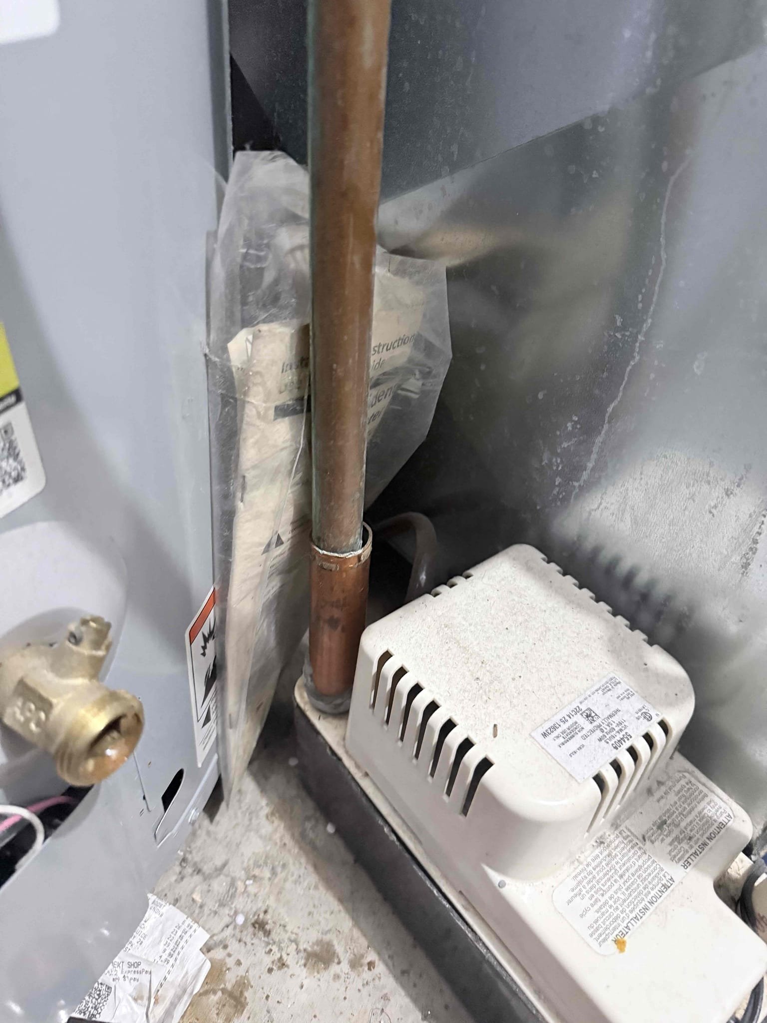 Hardness 2
PH 7.6
Chlorine .3ppm
Pressure 65psi

Arrived to the home, customer states that they have a leak above the existing water heater, water heater is only three years old. Client also states they have had to replace water heater constantly over the last 6 years due to leaks. After a very through explore of the system I have discovered 4 issues with the water heater and piping. There is an expansion tank at the water heater that has failed, another expansion tank at the main that is much older and has failed as well, a leaking solder joint above the water heater, lastly, the temp and pressure relief valve for the water heater is leaking at a flow rate comparable to a faucet. There is a check valve at the main. Client stated that the relief valve had started leaking and someone installed a condensate pump for the blow off so it does not flood the first floor. During the whole explore, the condensate pump went off well over fifty times due to the relief valve constantly leaking. Re