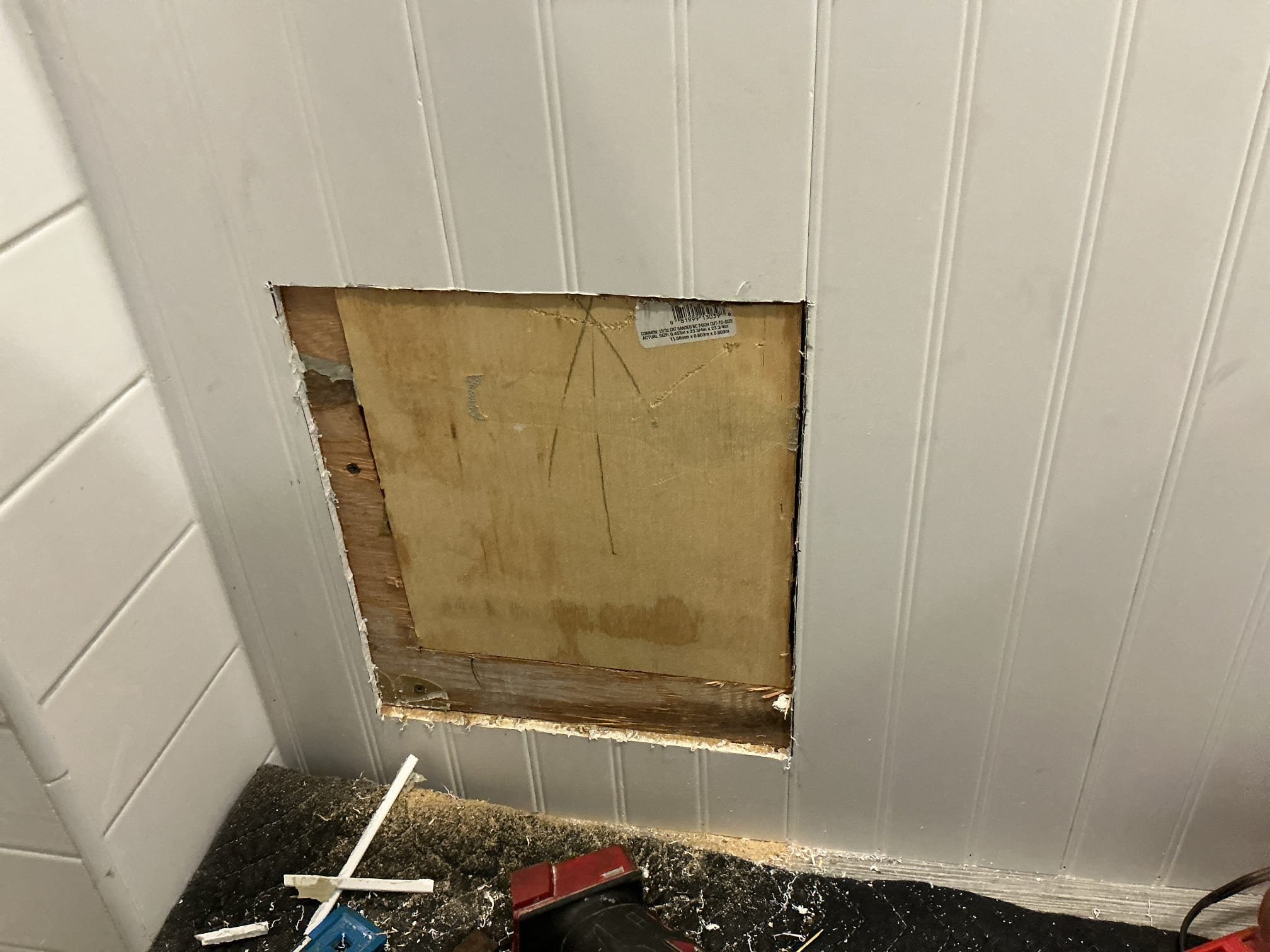 Customer has an existing Moen tub faucet for jacuzzi tub they would like installed. Price on estimate is to remove the paneling to access the existing faucet so it can be replaced.

Arrived back to the home to further diagnose a mystery leak from the jacuzzi tub. After cutting opening a hole to further diagnose the issue, we first filled up the tub to the overflow to see if that is the problem, there are no leaks from the drainage at this time. I next, ran the faucet and side spray to see if connections are leaking from the water line, there are no leaks from the water lines at this time. As far as I can see there are no leaks or issues coming from the tub at this time, and replacement of the faucet is not needed at this time.