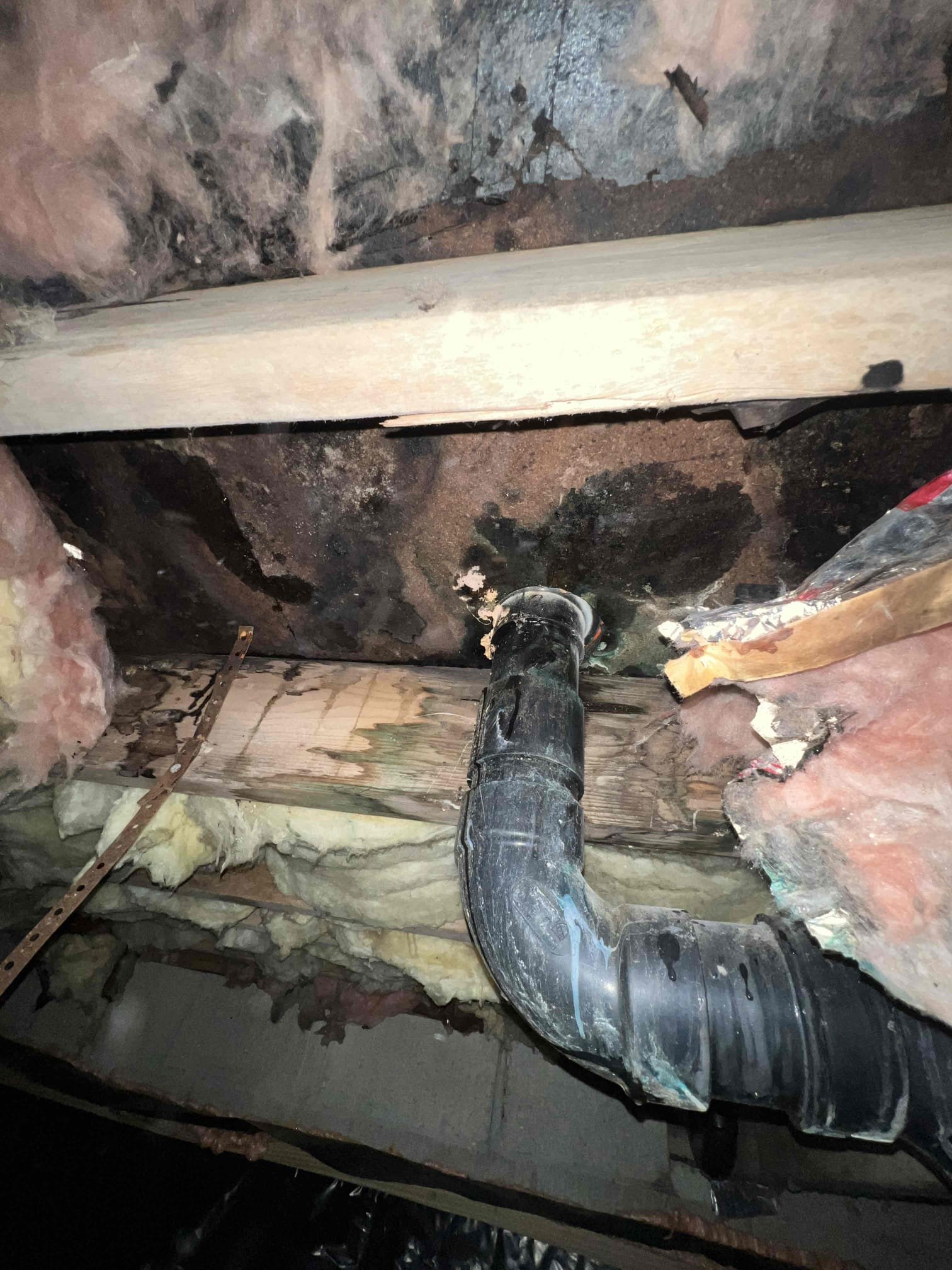 Arrived on site client stated his toilet was leaking and wasn’t sure where it was coming from. Upon inspection water appeared to be coming from between the bowl and tank. Unsure if there was a crack on the toilet client felt it would be best to just put a new toilet back. When pulling the toilet I noticed the floor was not in good shape so I went in the crawlspace and noticed mold. Let client know that it would be best to have All States come out first and we would come in after to perform the work. Took a deposit for when we return.