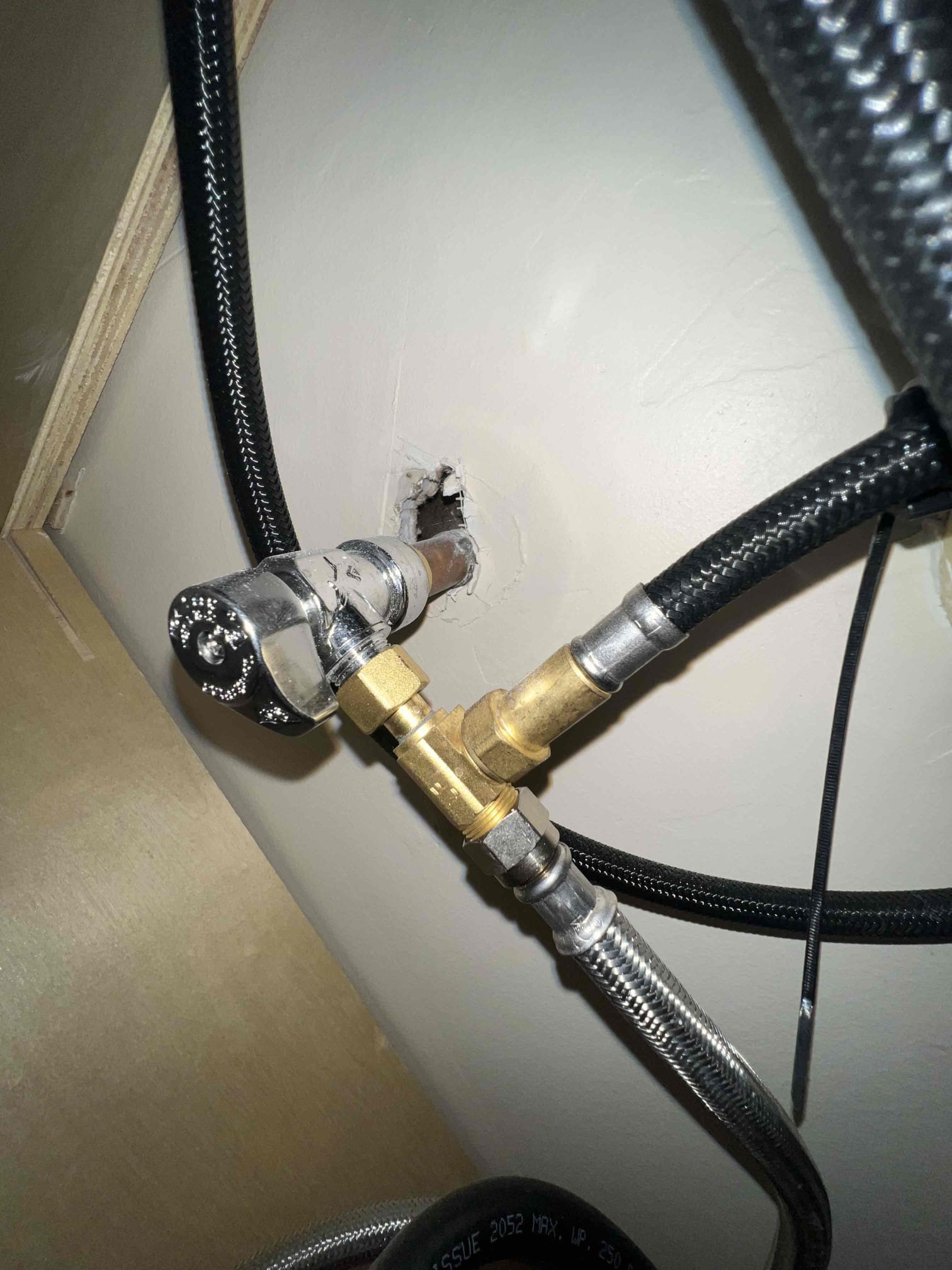 Pressure 75
Hardness 3

Arrived on site to perform plumbing inspection. Upon inspection I found that client has 2 sharkbite shutoff valves under kitchen sink her kitchen sink and does not have a separate valve for the dishwasher. Client has one bathroom in the home and the toilet valve cannot be turned by hand. Left estimates to replace the 4 valves.