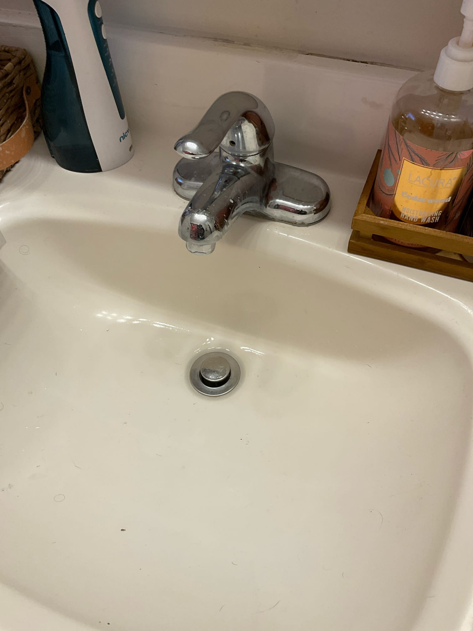 Arrived on site client stated they had a leak under the lav sink. Upon inspection it appeared to be the faucet itself that was leaking. Today I replaced the faucet and pop up assembly and when done I tested for leaks. There are no leaks at this time.