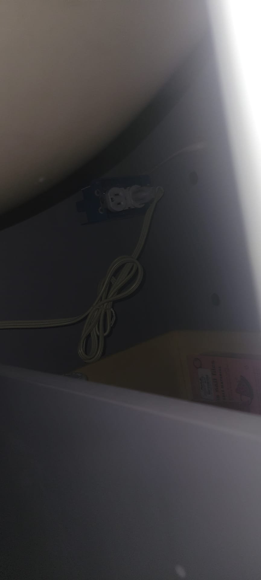 Arrived to the home, client states there is a leak from the upstairs down to the first floor ceiling. There is a little bubble in the ceiling with a small bathroom group above. I advised to the client to have us cut open the ceiling to further diagnose the issue. Once the ceiling was open, I can not see any plumbing but I do know there is a vanity close to the spot. I ran water and flushed the toilet. After running water in the vanity i noticed a drip from the wide spread lav faucet. That drip has been going on for a while and it appears that that is the source of the water stain. There is also an illegal electrical box under the vanity that is not up to code. I advised to the client to have us replace the vanity. Will give a quote for the work to be completed.