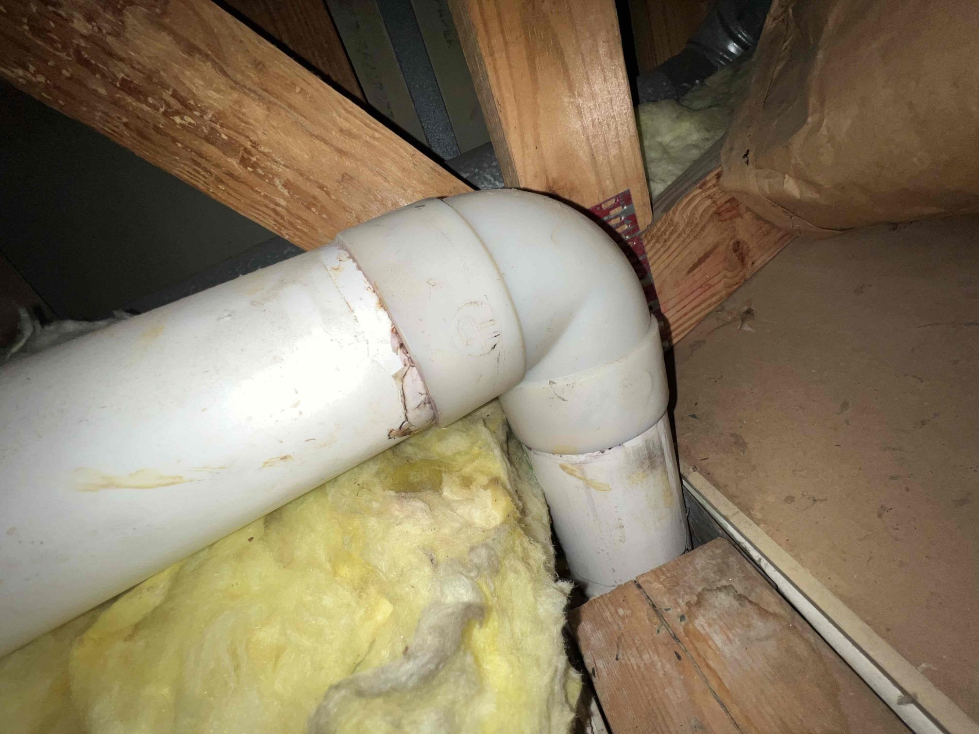 Arrived on site client stated that a radon pipe in her attic was leaking. Upon inspection the piping in in 3” SDR so we had to go out and grab the proper fittings and pipe to make the repair. Leak appeared to be coming from a 3” 90. Glued the proper pipe and fittings together and let it dry for 10 minutes.