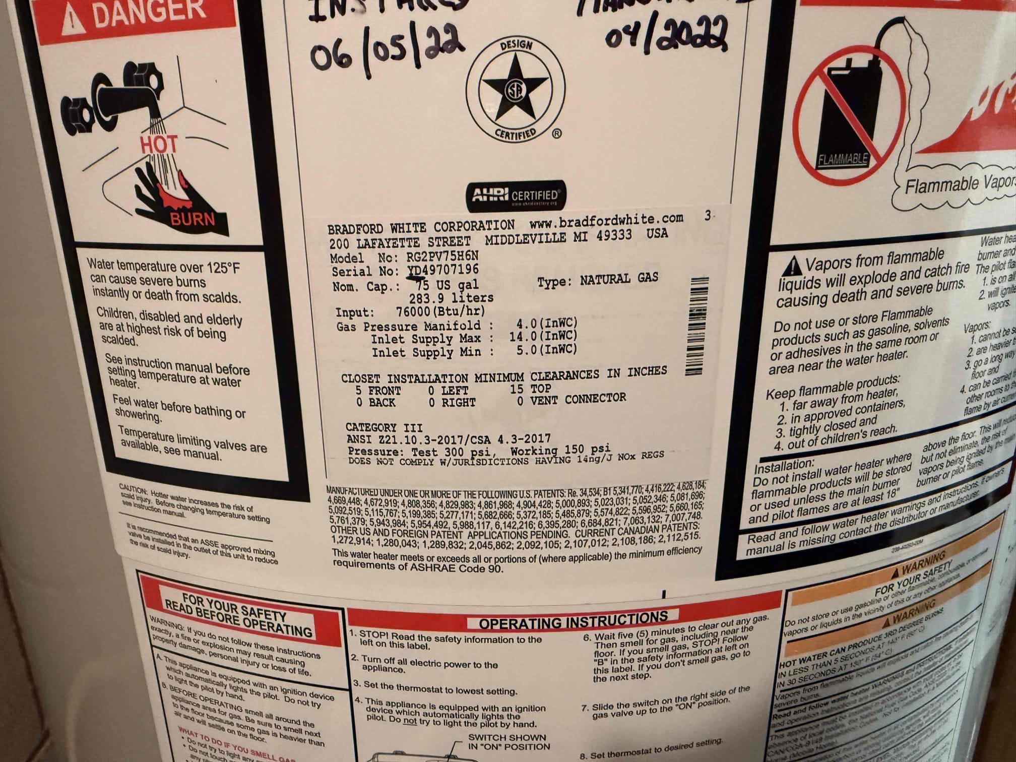 Arrives to home for no hot water. Upon inspection found 75 gal powervent water heater throwing pressure switch code. Gas valve and pressure switch was both replaced. Exhaust is backpitched and terminates into chimney. Bradford white said that is the issue and why it is throwing the cods. Gave option to reroute exhaust through block wall. Will credit 59