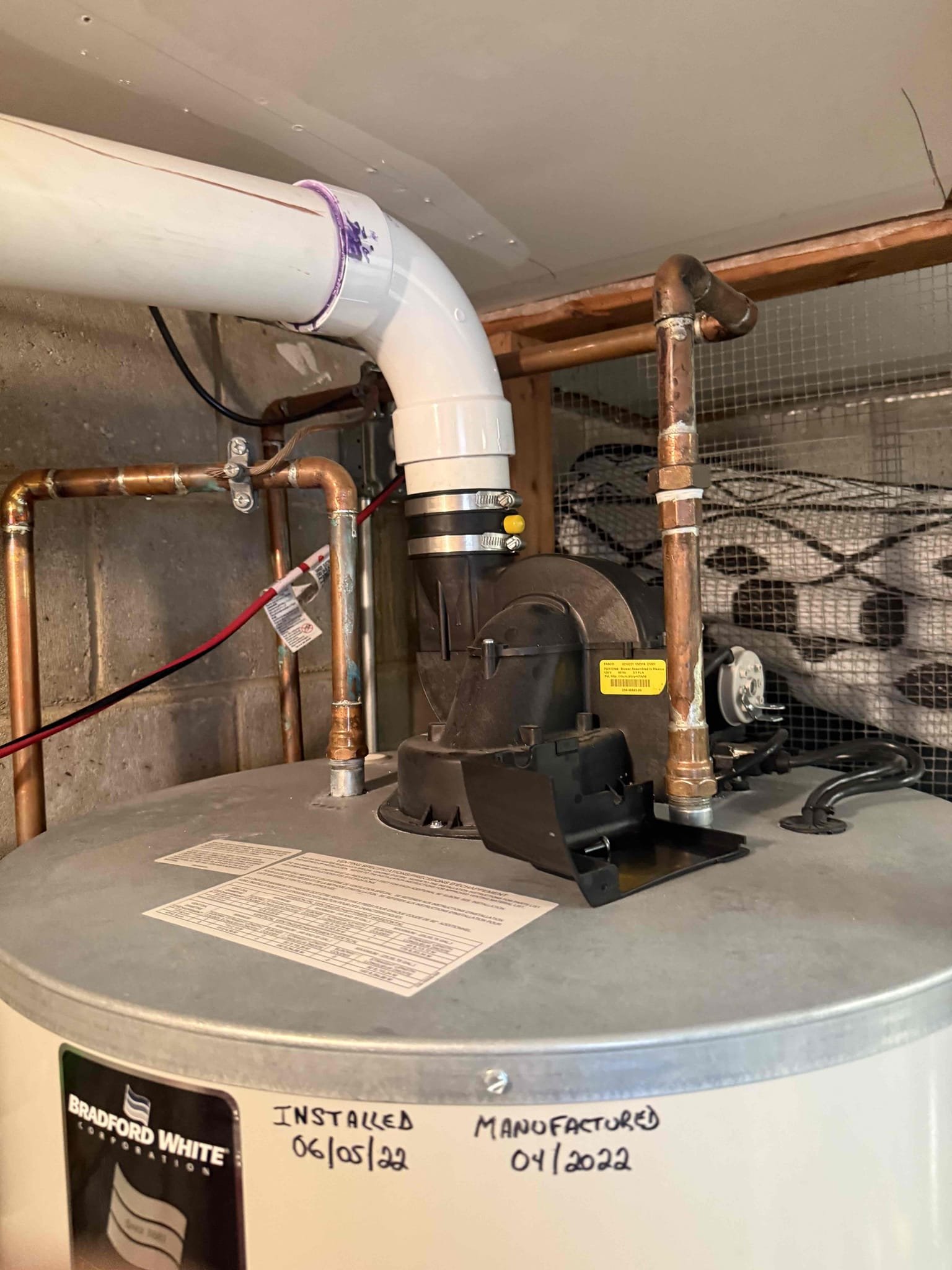 Arrives to home for no hot water. Upon inspection found 75 gal powervent water heater throwing pressure switch code. Gas valve and pressure switch was both replaced. Exhaust is backpitched and terminates into chimney. Bradford white said that is the issue and why it is throwing the cods. Gave option to reroute exhaust through block wall. Will credit 59