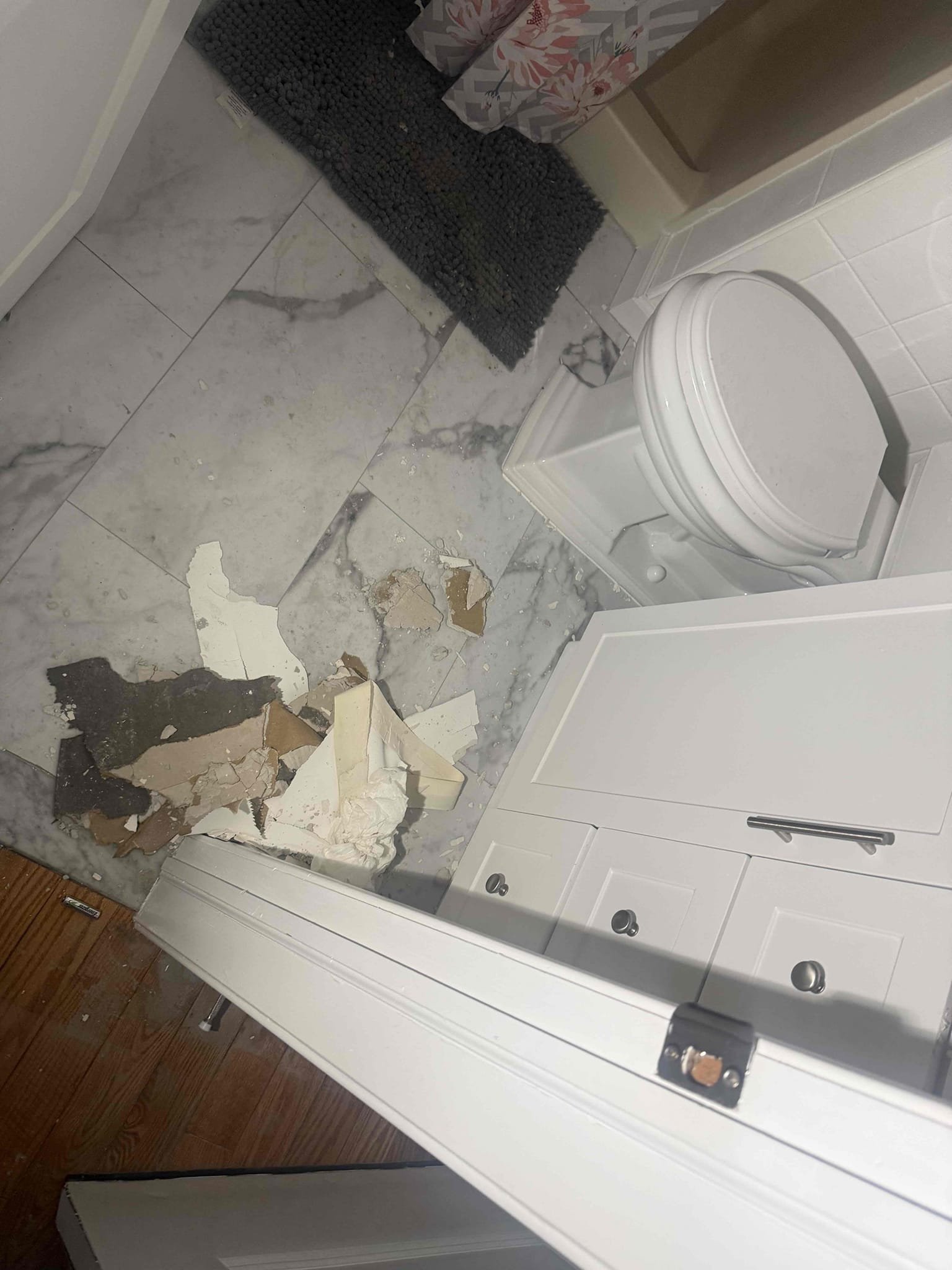 Arrived to home to check for broken lines. Went inside to turn water on and pipes are frozen. Cannot test for leaks because there no water. Crawl space is full of water and floors on first floor are buckling. Will have to wait to come back when pipes are thawed out to further inspect. Waived 59
Attached are pics of inside of home where damage was found. Ceiling in garage and bathroom had fallen from water damage.
Water heater should also be reapleced do to age but we will come back when home is thawed and leave options then.