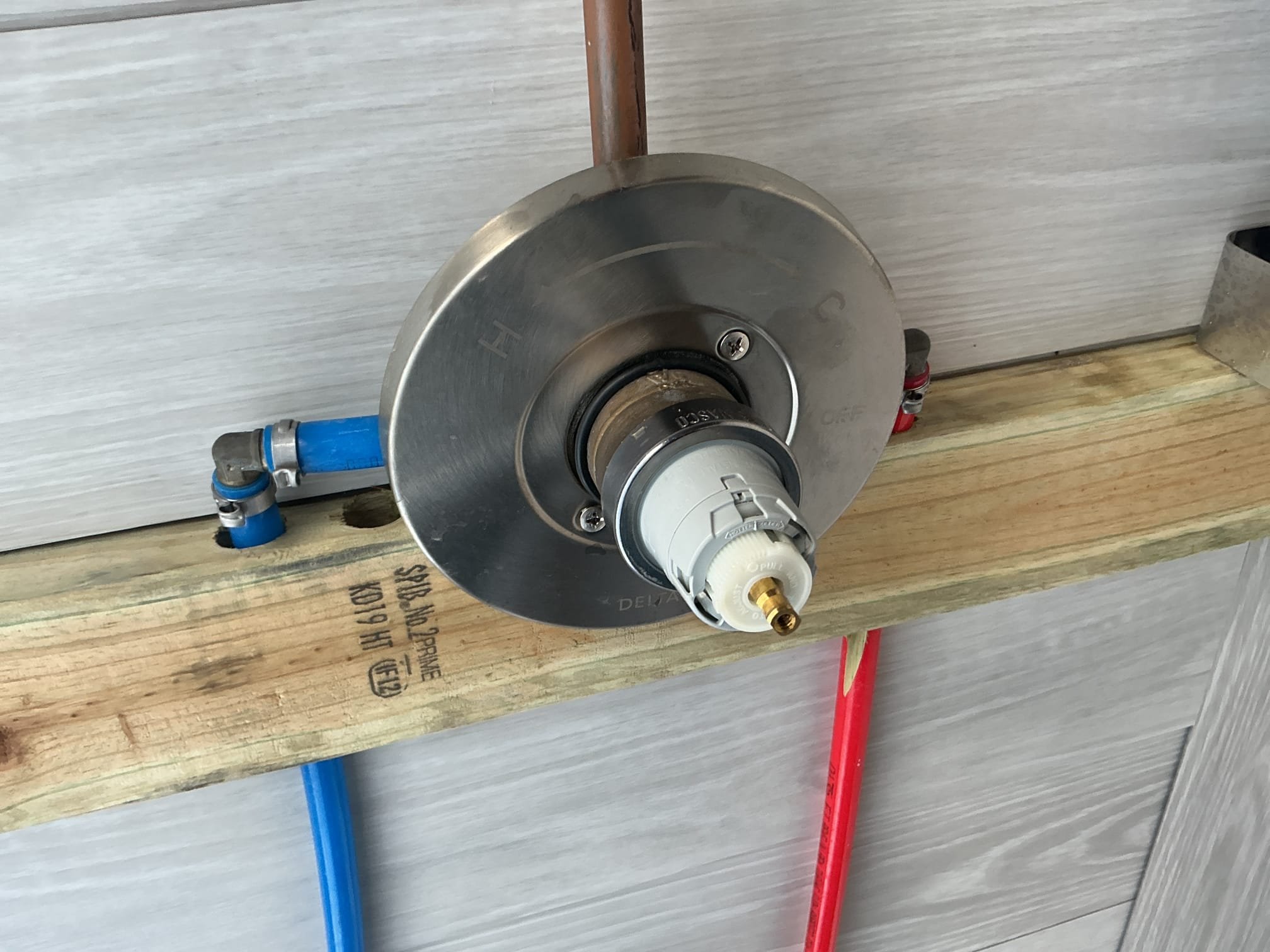 Arrived to the home, client states they had an extremely high water bill, when they arrived to the home they shut off the water to both the outdoor rinse station and the hose Bibb next to it. There is a little hatch next behind the shower where the shut off valves and winterization set up is for the hose Bibb only. I first turned on the hose Bibb valve and there are no leaks at this time. I next went to the shower valve and discovered that the cartridge had blew apart resulting in the leak. There is no winterization set up for the outdoor rinse station, I will provide options for replacement of the cartridge for the client, and options to make a winterization set up for the rinse station.

Disconnected and removed existing delta shower cartridge from rinse station.
Supplied and installed direct replacement cartridge and secured those connections.

*I did not turn the system on to prevent further freeze breaks, made client aware that if there is a leak on our work there is a full warran