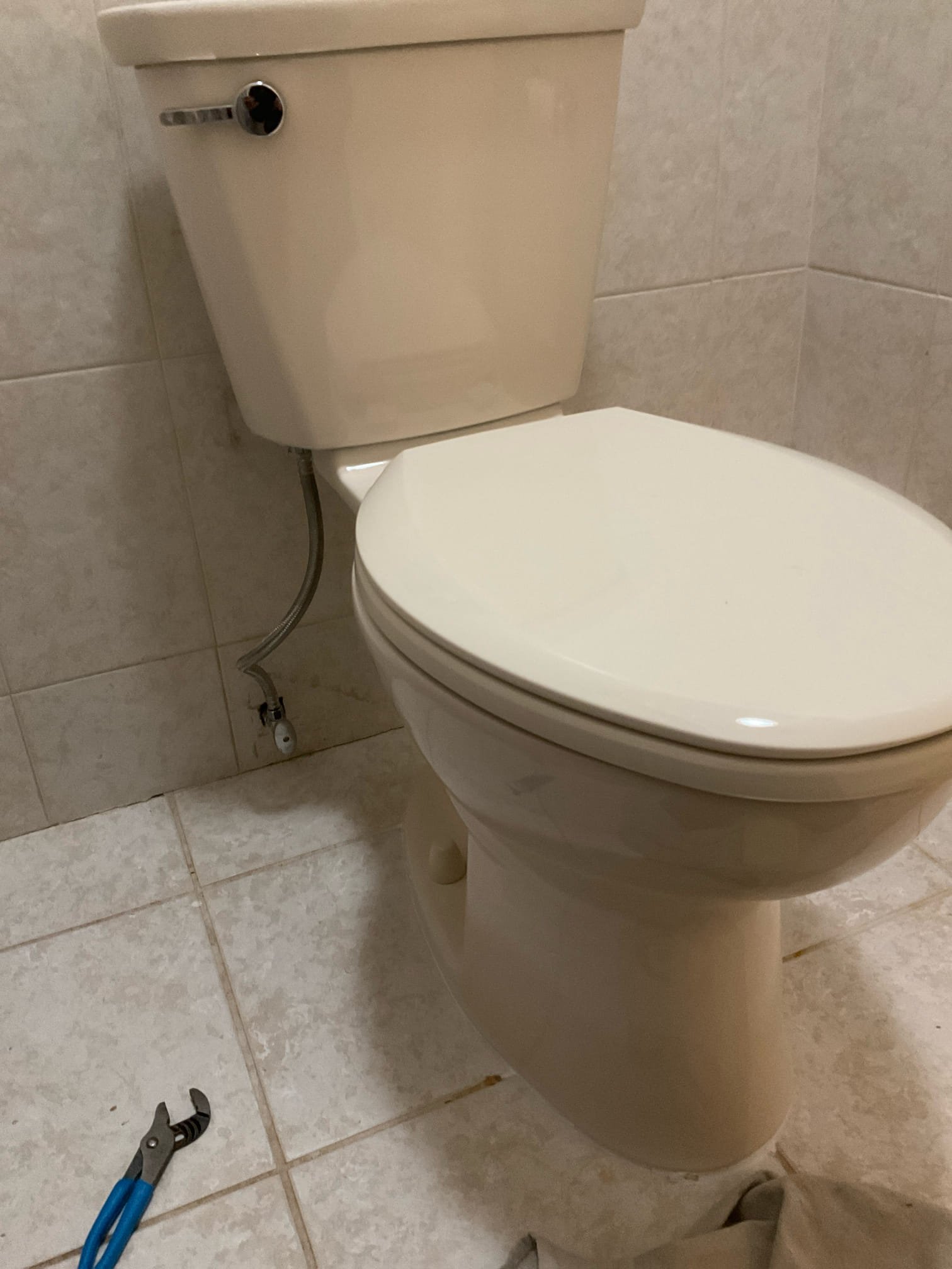 Install comfort height 

Arrived on site to install American standard cadet pro toilet in bone color. Installed toilet with a new wax ring, Johnny bolts, supply line and shutoff valve. Turned the water back on to test for leaks and there are none at this time.