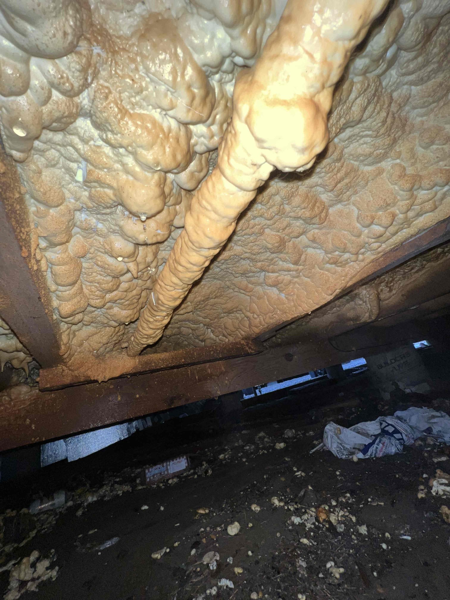 Arrived on site client stated that he had a few water pipe burst in the crawlspace. Upon inspection there is a ton of spray foam in the crawlspace covering the pipes making it extremely difficult to work around. 