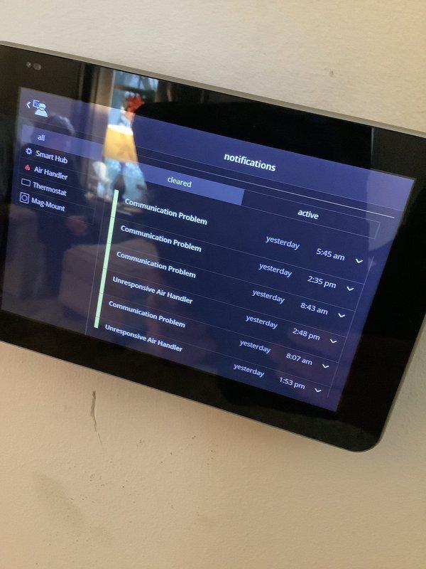 Responded to service call for a Lennox heat pump system (installed 4/2018) with a non-functioning Lennox iComfort E-30 thermostat. Diagnostics revealed communication issues between the thermostat and air handler as confirmed by multiple "Communication Problem" and "Unresponsive Air Handler" notifications. Restored system functionality by resetting thermostat connections and verified proper operation with temperature readings of 89°F at the register.