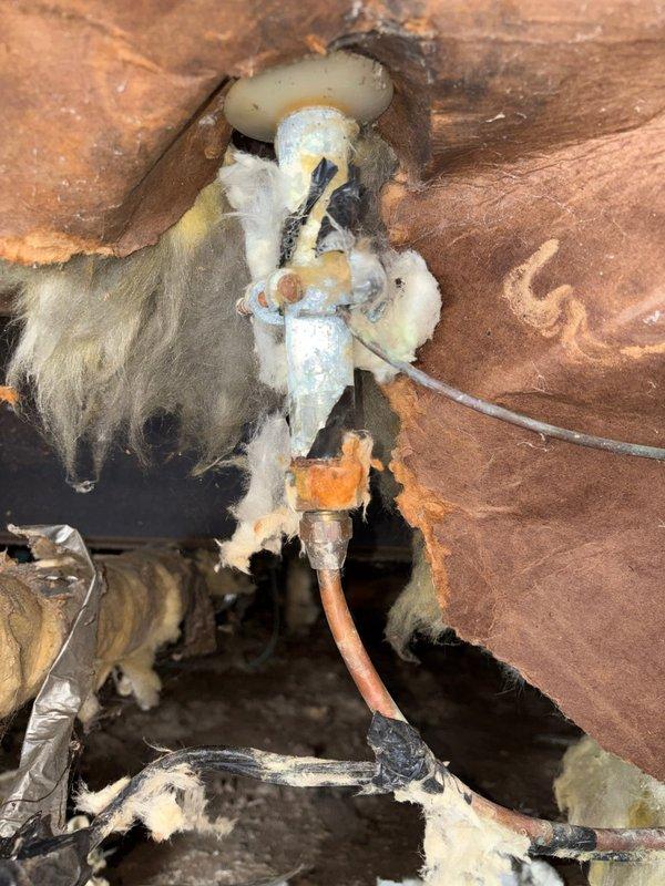 Responded to emergency call at mobile home for burst pipe. Located copper supply line with significant rupture in crawl space area surrounded by damaged insulation. Installed new pex pipe with all fittings, heat tape and insulation.