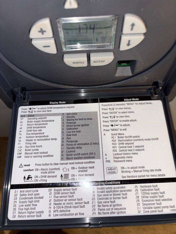Completed annual tune-up on Burnham Alta combi boiler (installed April 2025). Inspected control panel interface and accessed diagnostic codes to verify proper operation. Re-routed condensate line using 3/8" PEX coupling as required.