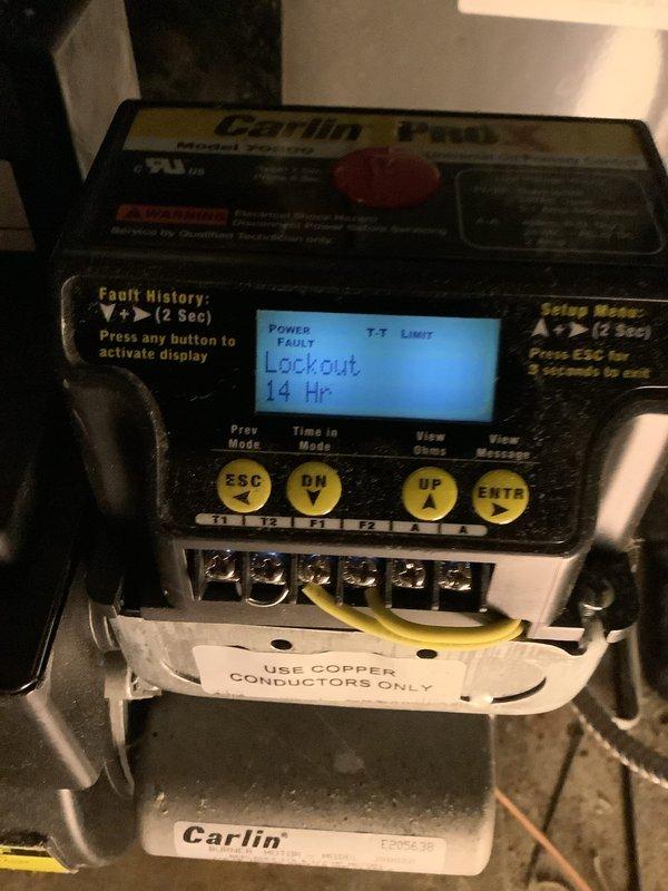 Responded to no heat call on Franklin heat pump installed 1/2018 where thermostat was set to 69° but house temperature was 57°. Diagnosed Carlin control module displaying "POWER FAULT" and "Lockout 14 Hr" errors. Reset system and verified proper operation of both heat pump and auxiliary oil heat. System now maintaining proper temperature.
