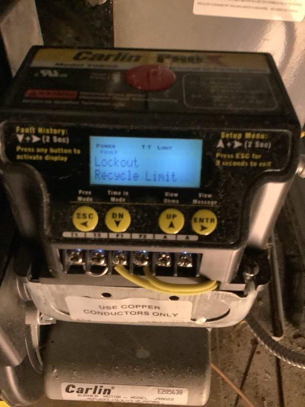 Responded to no heat call on Franklin heat pump installed 1/2018 where thermostat was set to 69° but house temperature was 57°. Diagnosed Carlin control module displaying "POWER FAULT" and "Lockout 14 Hr" errors. Reset system and verified proper operation of both heat pump and auxiliary oil heat. System now maintaining proper temperature.