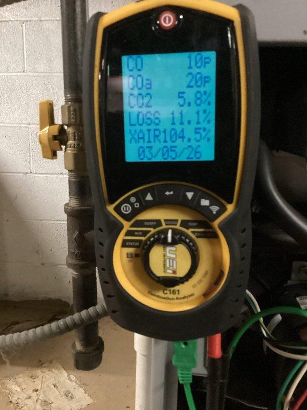 Performed routine gas heating tune-up on existing basement equipment for new customer. Conducted combustion analysis with UEi C161 analyzer showing acceptable CO levels (10P), CO₂ (5.8%), and excess air (104.5%). Replaced dirty Wingman air filter and completed full system inspection with no issues identified.