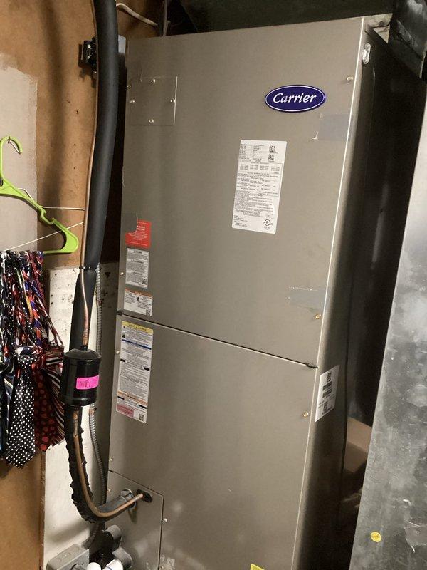 Completed preventive maintenance inspection on Carrier heat pump system installed in June 2020. Performed comprehensive tune-up including electrical measurements at supply register, visual inspection of air handler unit, and verification of refrigerant lines and electrical connections. All components found operating within normal parameters.