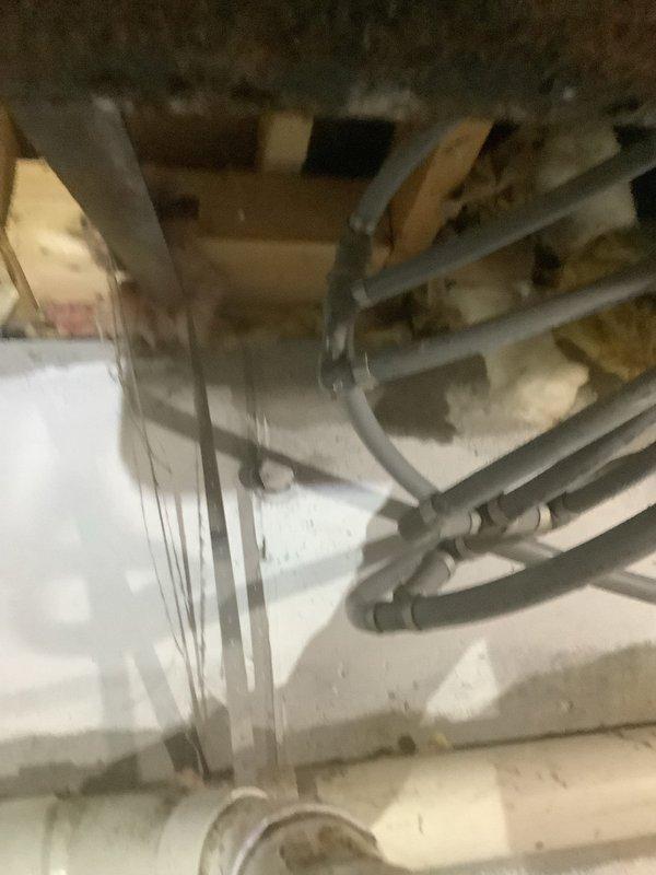 Responded to emergency plumbing call for multiple water leaks in basement area. Upon arrival, shut off main water supply to prevent further water damage. Inspected and identified spraying leak in exposed PEX piping system running through basement ceiling joists. Examined electric water heater and located secondary leak at top connections. Documented conditions with photographs showing exposed plumbing infrastructure, PVC drainage lines, and HVAC ductwork in unfinished basement space for customer records and repair planning.