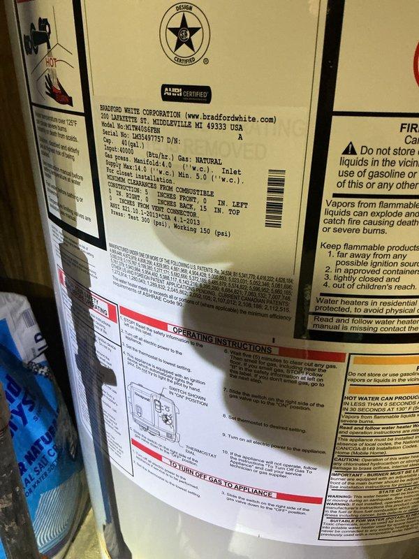 Responded to emergency call for leaking 40-gallon natural gas water heater requiring same-day replacement. Removed and disposed of failed Bradford White unit originally installed in 2015. Installed new 40-gallon natural gas water heater, connected all gas lines and water supply connections, verified proper venting, tested all safety controls and thermostat operation, and confirmed unit was heating properly with no leaks detected upon completion.