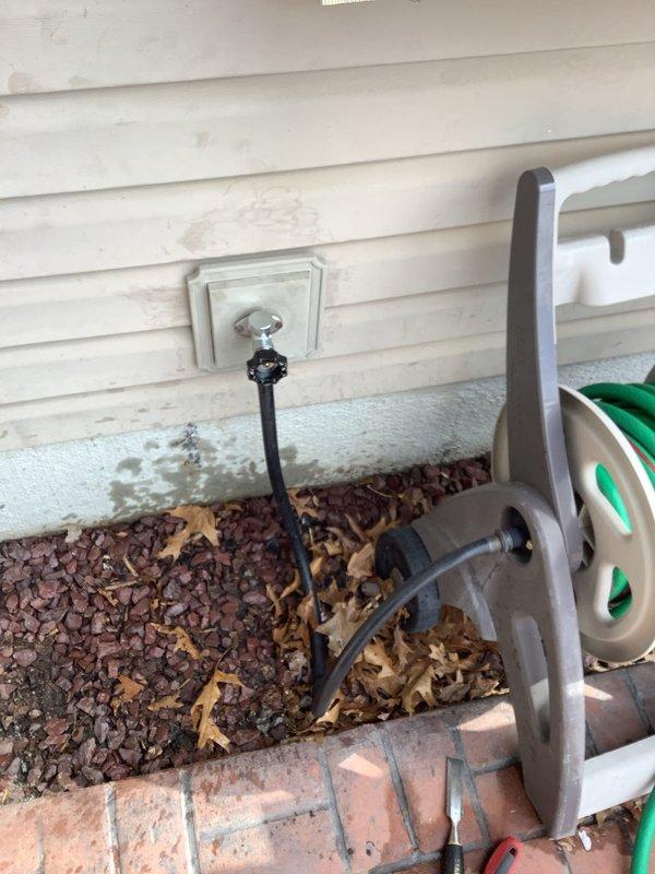 Replaced outdoor hose bibb on exterior of residence. Installed new frost-free sillcock with proper shutoff valve accessible from basement/crawlspace area. Verified proper operation and checked for leaks at all connections.