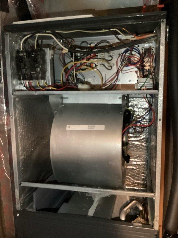 Completed preventive maintenance inspection on Goodman heat pump system in cooling mode. Performed comprehensive tune-up including temperature diagnostics, electrical component inspection, and blower motor evaluation. Supply air temperature measured at 47.3°F, indicating proper cooling operation. All electrical connections, contactors, and wiring verified secure and functioning correctly. Blower assembly and condensate system inspected with no issues found.