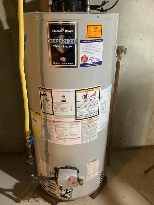 Responded to no-ignition issue on Bradford White gas water heater with Defender Safety System that was recently installed. Unit displayed diagnostic fault codes with red light blinking 8 times followed by 4 times, indicating gas valve failure after homeowner had turned unit off while away. Replaced defective gas control valve assembly and restored unit to proper operation. Verified proper gas flow through yellow flex line, confirmed blue-handled shutoff valve operation, and tested ignition sequence. Unit now firing correctly with all safety systems functioning as designed.