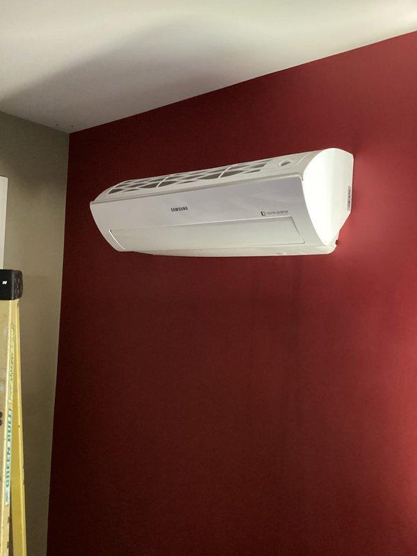 Completed CPM air conditioning inspection on Samsung ductless mini-split system. Performed blower wheel and drain pan cleaning as requested, removing accumulated dust and debris from both components. Inspected wall-mounted indoor unit and attic-located air handler, noting heavy dust accumulation on cylindrical air filter which was documented during service visit.