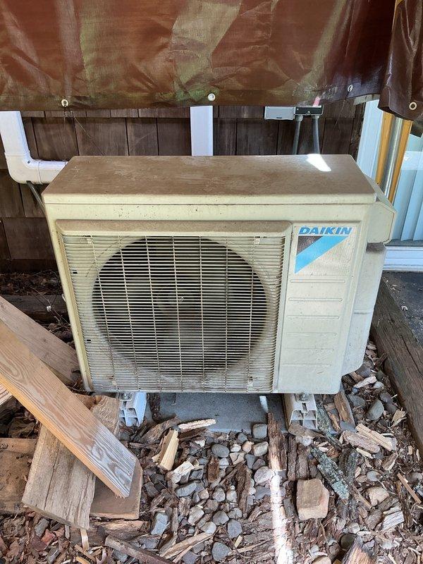 Responded to no cooling complaint on Daikin mini-split system installed in 2018. Customer reported unit was slow to cool at seasonal startup, then shut off during the night and would not restart despite resetting breakers. Previously replaced control board under warranty. Diagnosed system and determined refrigerant loss as primary issue. Scheduled follow-up appointment to recover remaining refrigerant and perform leak detection to identify source of refrigerant loss before recharging system.