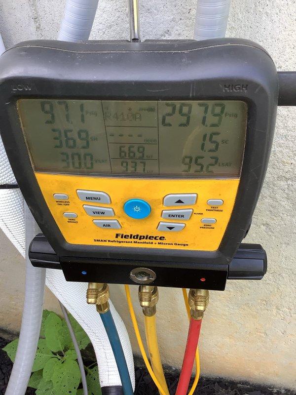 Responded to service call for frozen evaporator coil with water accumulation at indoor unit. Instructed customer to power off system, remove air filter, and set fan to continuous ON position to facilitate thawing overnight. Added leak search UV dye to refrigerant system to identify potential leak sources causing low refrigerant charge and subsequent coil freeze-up. Connected refrigerant manifold gauges to system and recorded operating pressures and temperatures for diagnostic analysis. Provided membership program information via email for ongoing preventative maintenance. Advised customer on proper restart procedures and monitoring protocol, including instructions to repeat thaw process if freezing recurs before follow-up service can be scheduled.