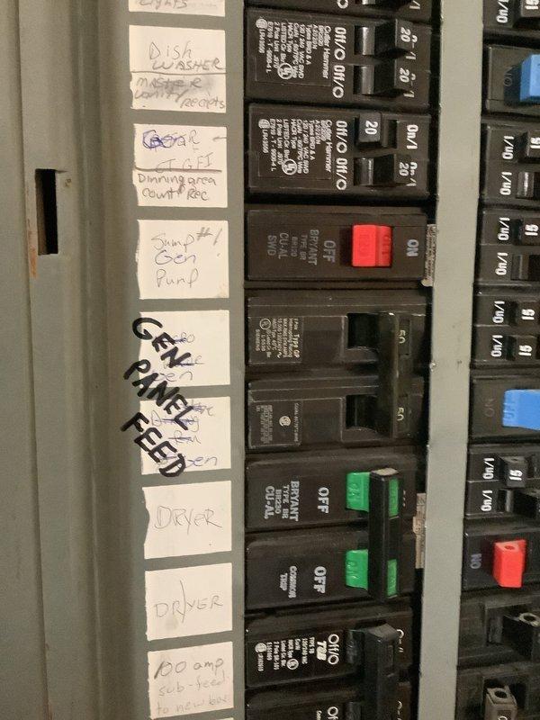 Responded to service call regarding loss of power to HVAC system following work performed by handyman near generator transfer switch. Upon arrival, inspected main electrical panel and generator transfer panel. Found that circuit breaker feeding the generator sub-panel had been inadvertently switched, disrupting power distribution to the air conditioning and furnace systems while leaving the generator itself operational. 

Identified the "GEN PANEL FEED" breaker in the main distribution panel and verified proper positioning. Reset the affected circuit breaker to restore normal power flow to the HVAC equipment through the transfer switch system. Tested air conditioning and furnace operation to confirm full restoration of service. Documented electrical panel configuration with photos showing breaker positions and circuit directory for service records. All systems returned to normal operation with no additional issues identified.