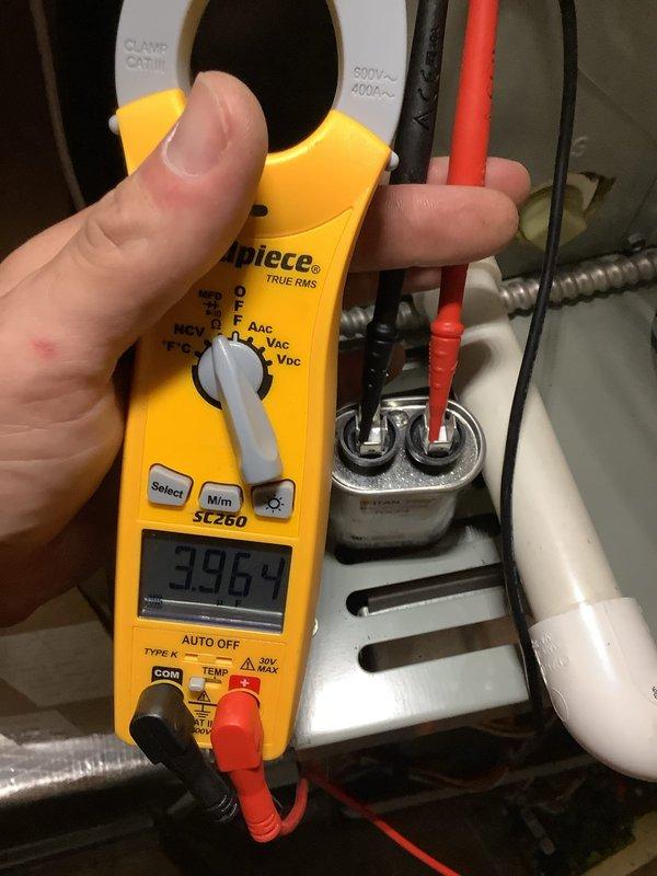 Completed comprehensive CPM air conditioning inspection on existing Trane system, performing standard tune-up procedures including system performance evaluation and electrical diagnostics. Utilized clamp meter to measure amperage draw on compressor and blower motor circuits, verifying proper electrical operation and component functionality. Tested capacitor with multimeter to assess microfarad ratings and voltage specifications, confirming electrical components are operating within manufacturer parameters at time of inspection.