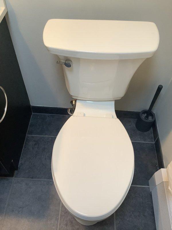 Replaced two toilets in main warehouse facility. Previous units exhibited whistling noise at idle that ceased when flushed, indicating faulty fill valve operation. Old toilet tanks showed significant deterioration with extensive mineral deposits, brown staining, and corroded interior surfaces from hard water exposure. Removed existing toilets and installed new standard white porcelain units with updated fill valve and flush valve assemblies. Tested installations for proper operation and verified absence of previous noise issues.